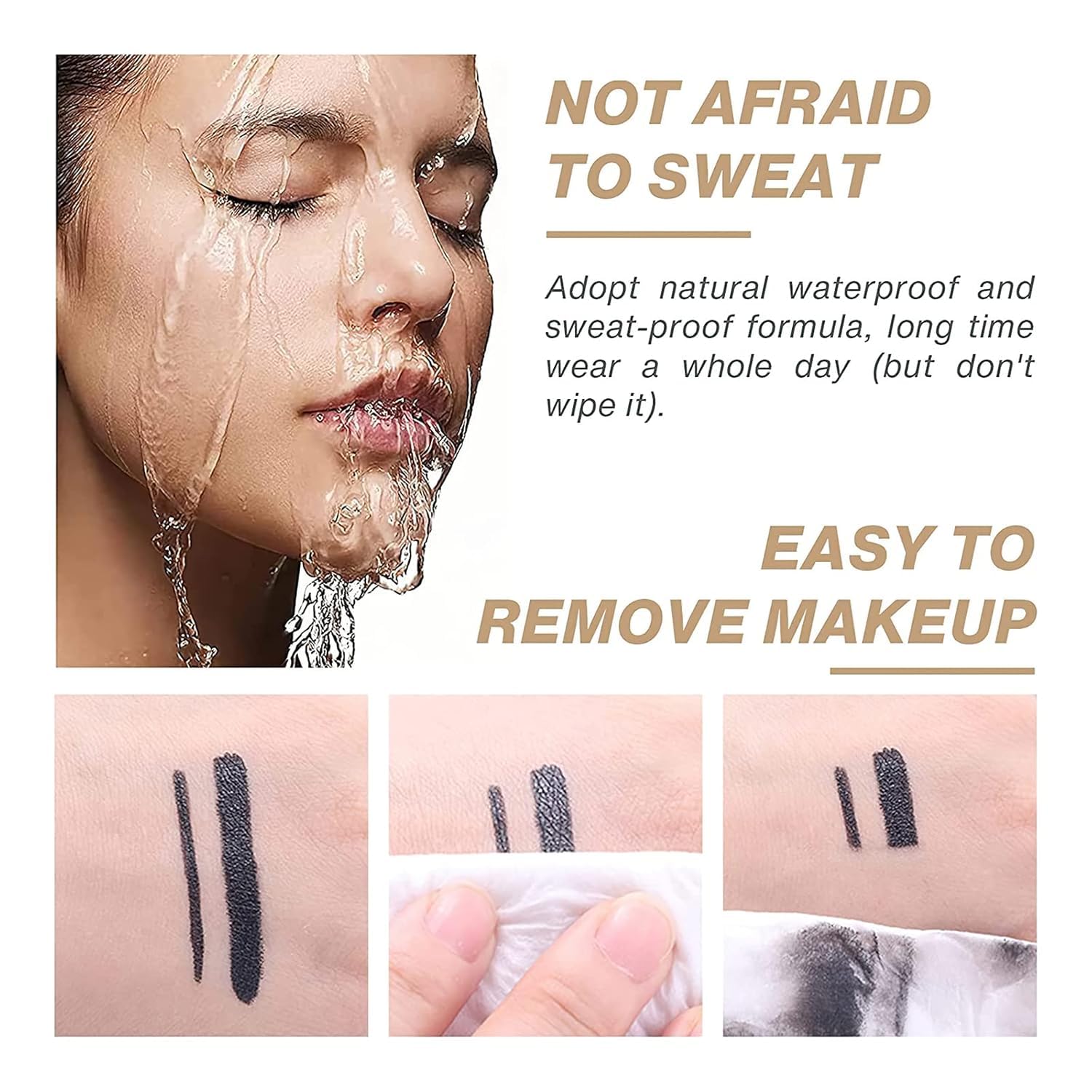BAISEN DIARY Waterproof eyeliner swatch demonstrates lasting wear through sweat and daily activity.
