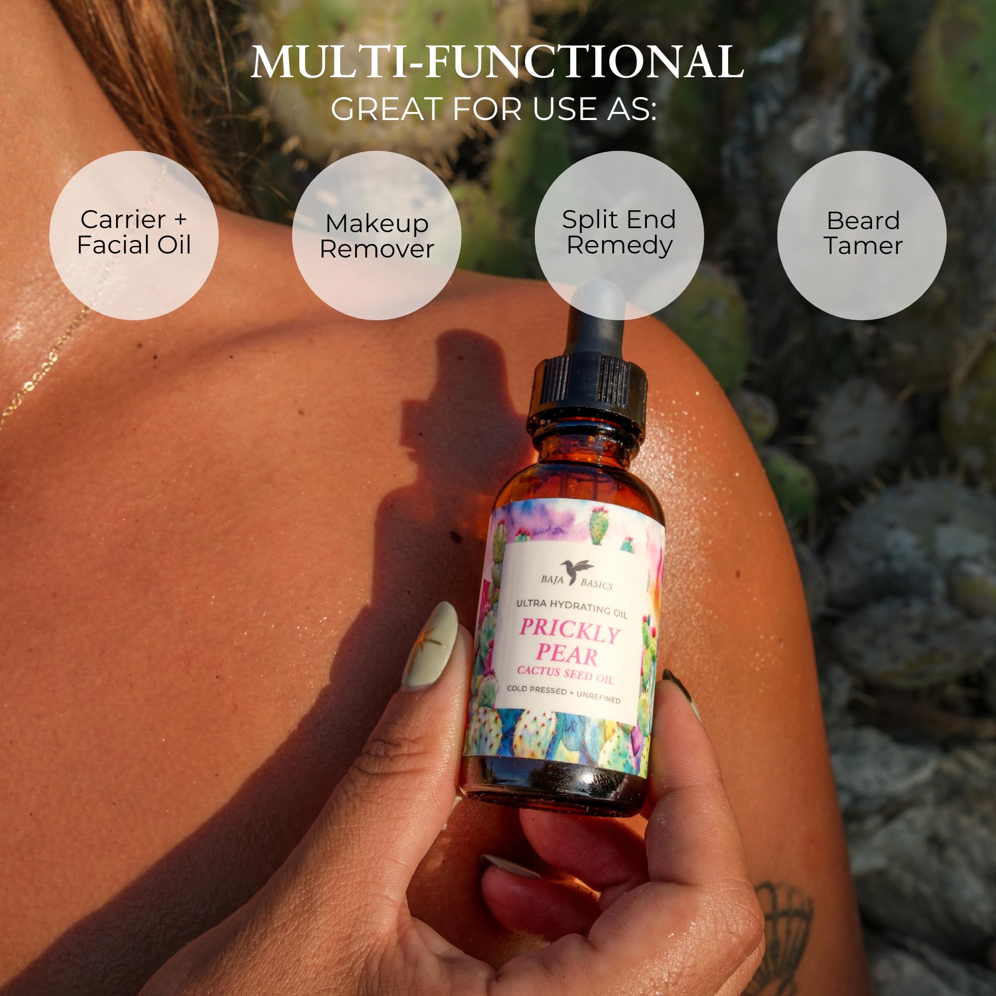 Baja Basics prickly pear seed oil beard-tamer—nourishes and tame flyaways