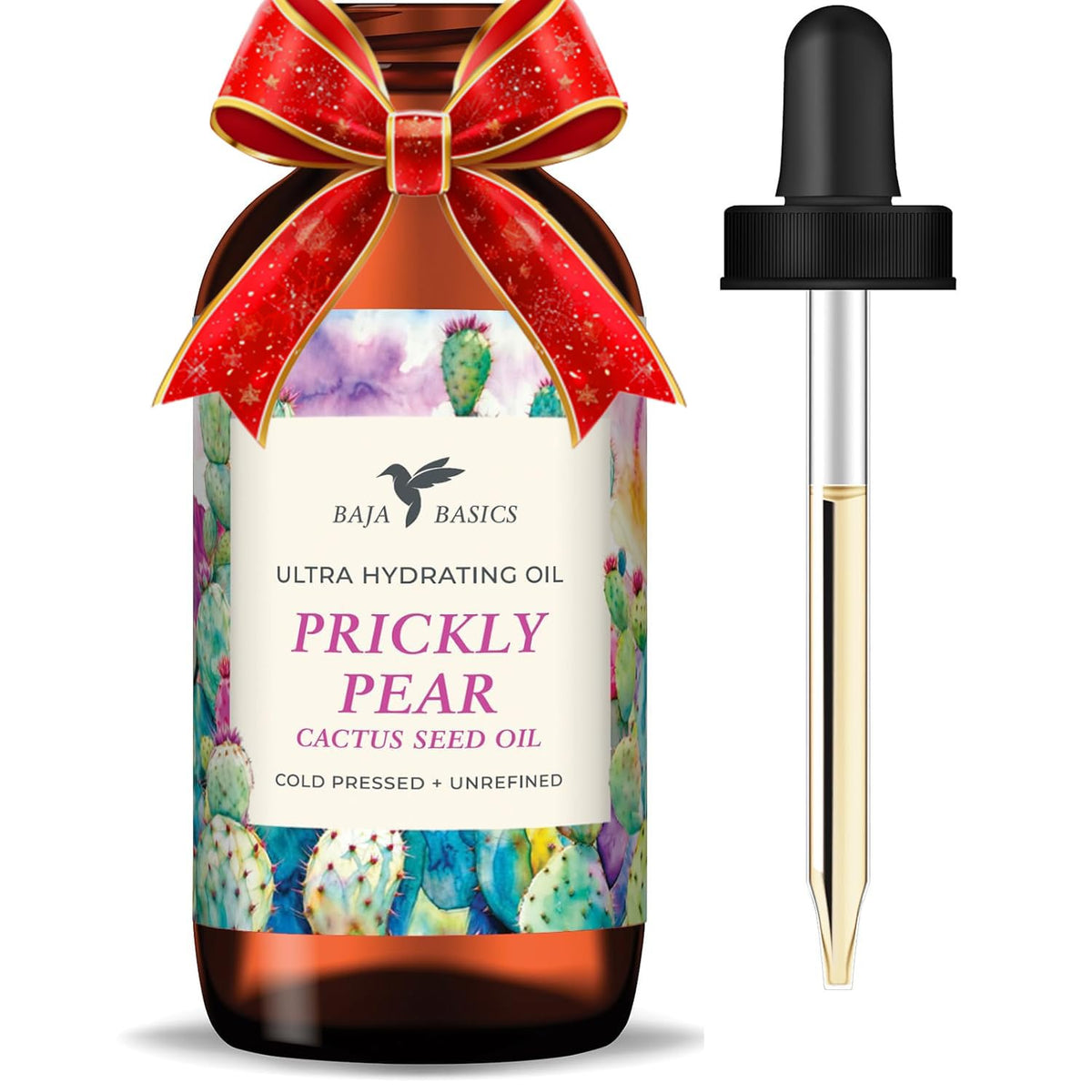 Baja Basics prickly pear seed oil bottle—lightweight moisturizer candidate for all skin types