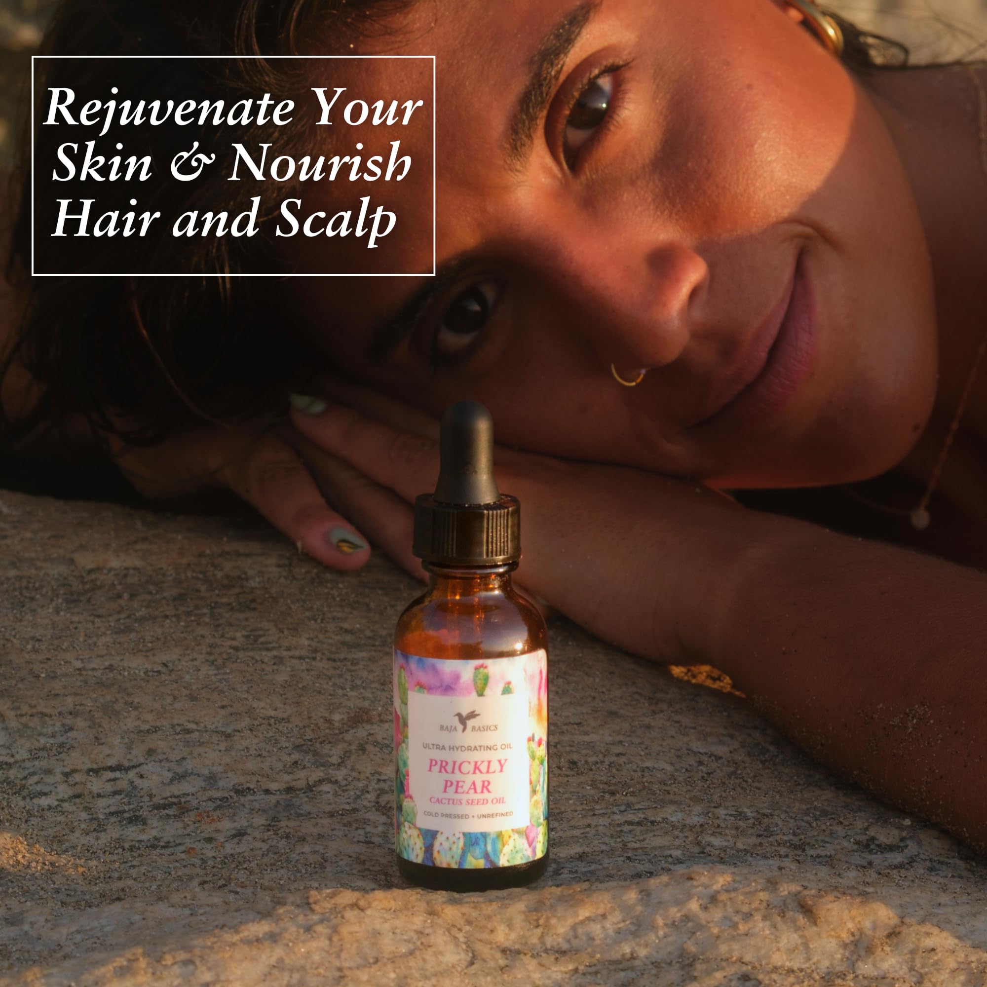 Baja Basics prickly pear seed oil face application—smooths and hydrates skin