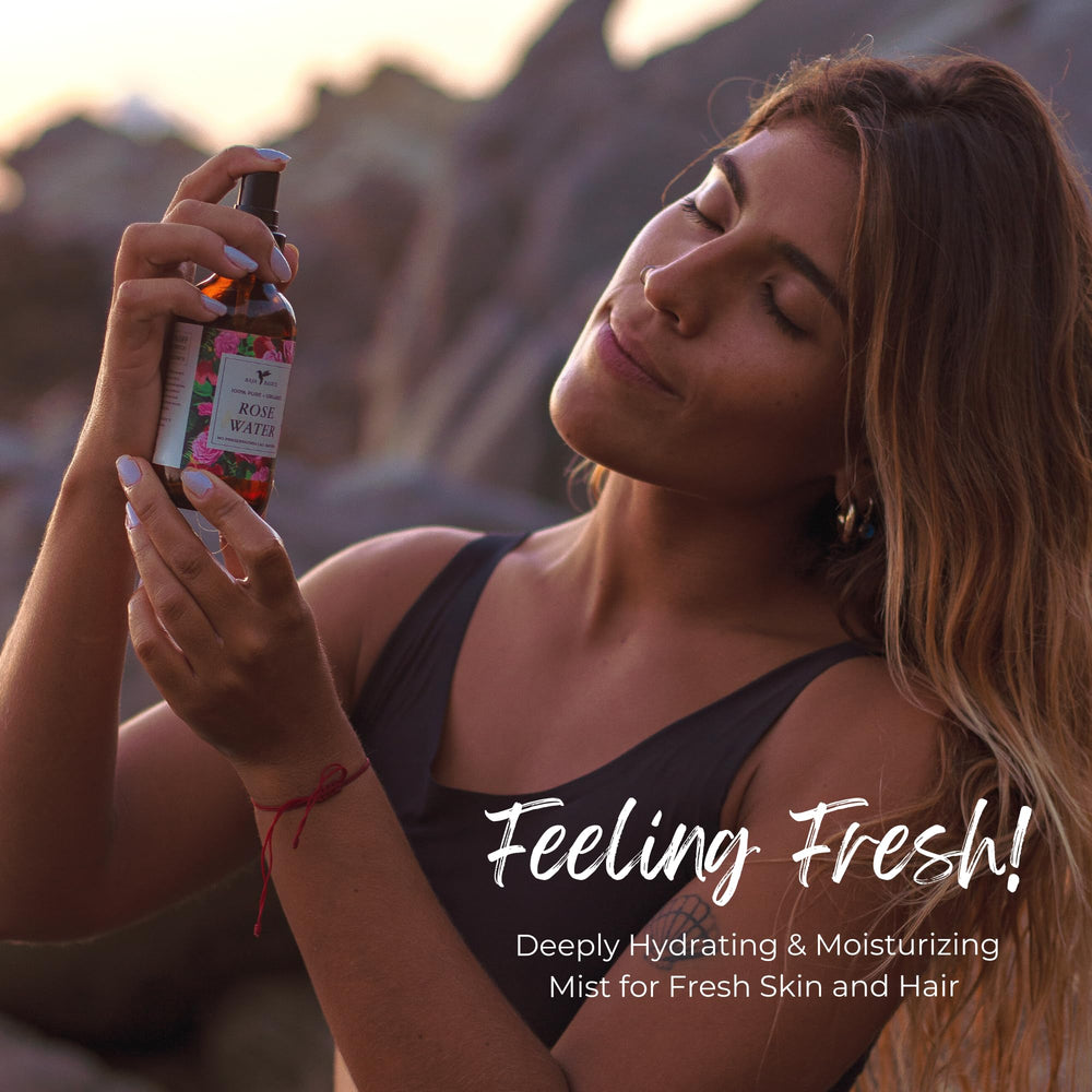 Baja Basics Rose Water Spray being misted on face for gentle hydration