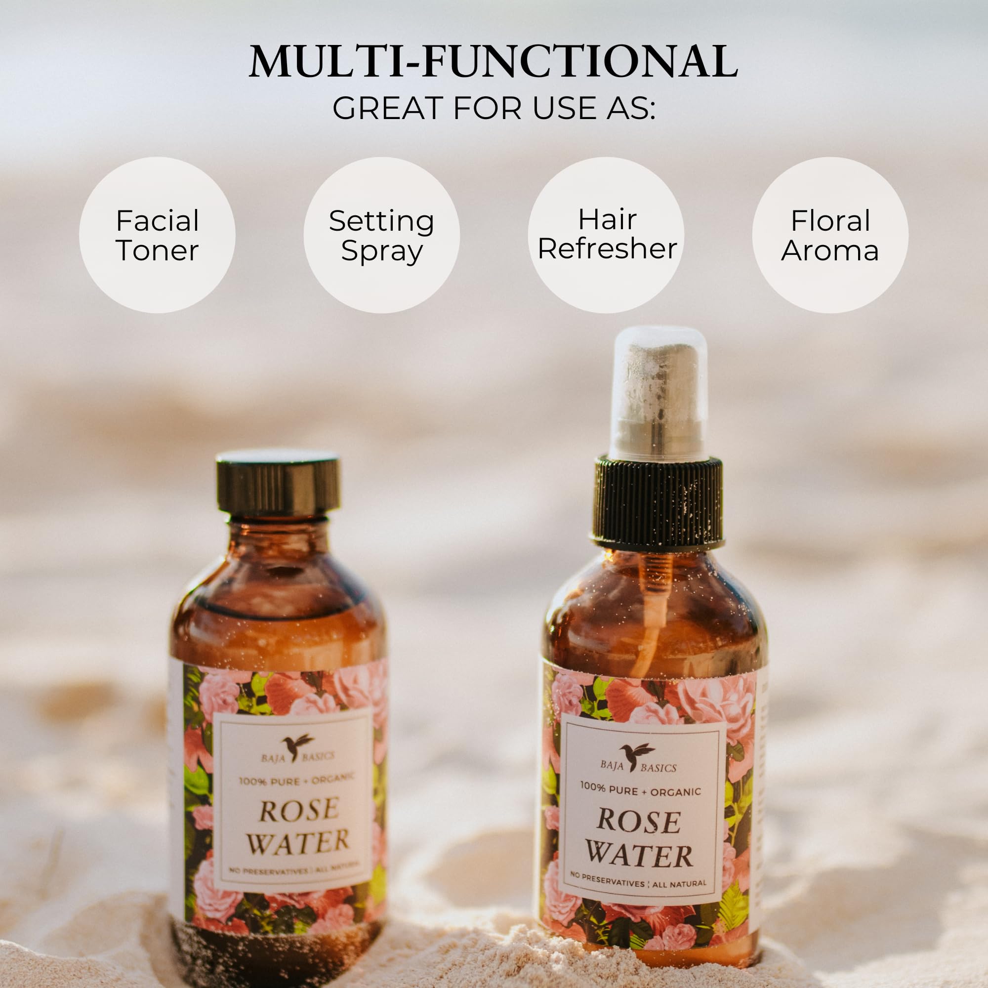 Baja Basics Rose Water Spray applied to hair for scalp refreshment