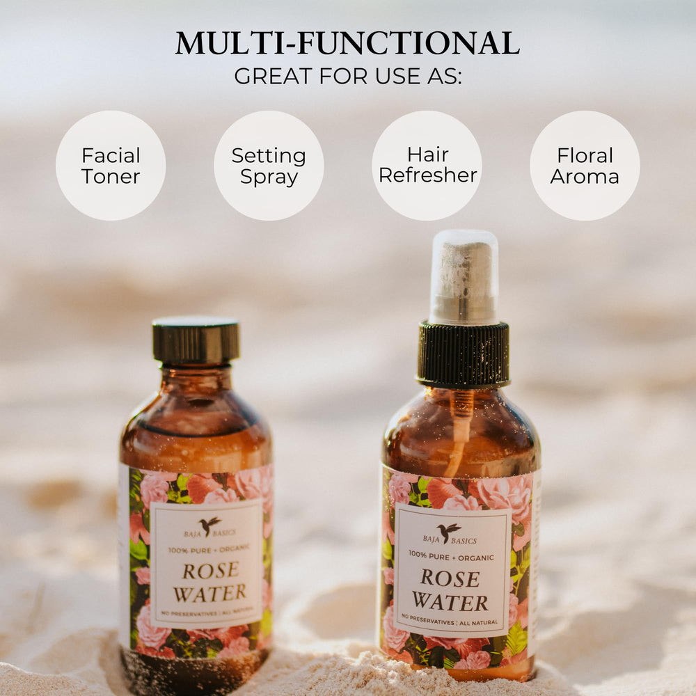 Baja Basics Rose Water Spray applied to hair for scalp refreshment