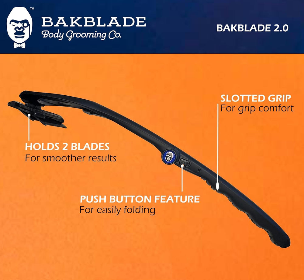 Bakblade packaging with accessories demonstrates complete back grooming kit.