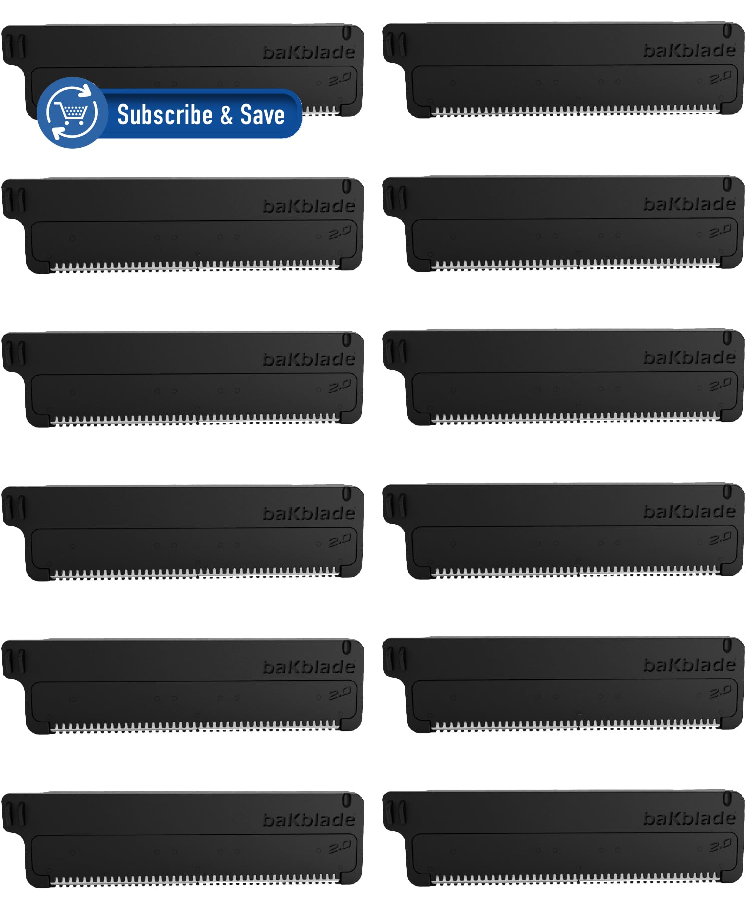 baKblade 2.0 back shaver refill cartridges set with 12 Dryglide blades for a smooth shave.