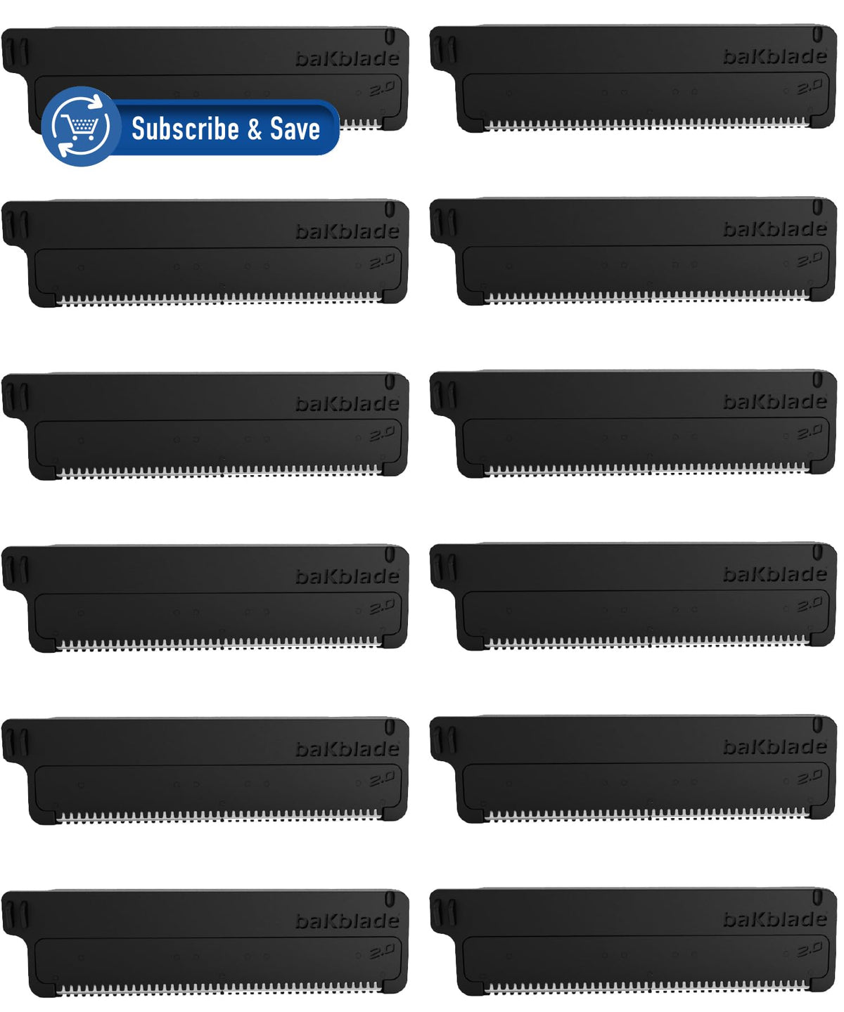 baKblade 2.0 back shaver refill cartridges set with 12 Dryglide blades for a smooth shave.