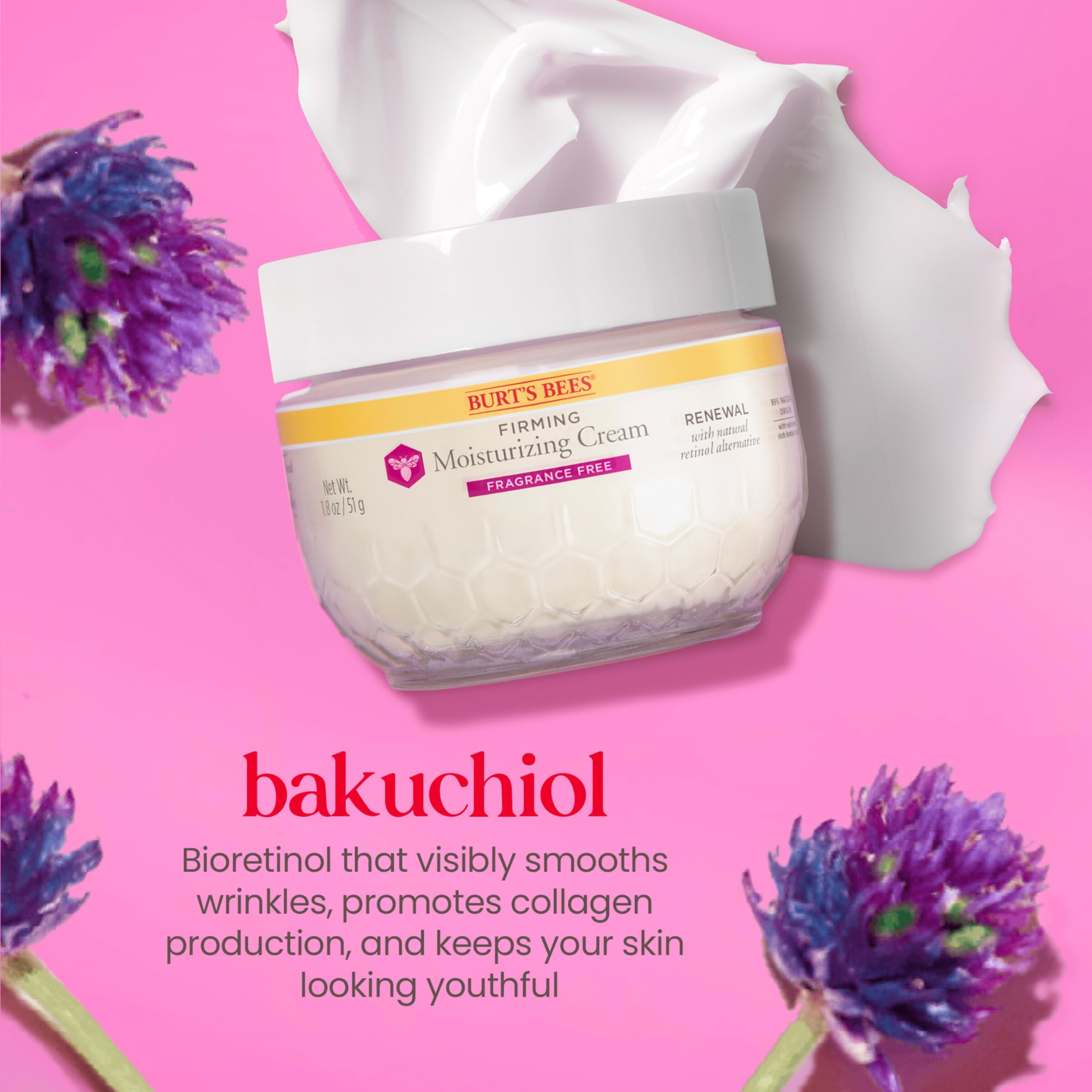 Bakuchiol ingredient spotlight in Burt's Bees Renewal hints at gentle retinol-like smoothing.