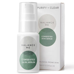 Balance Me Congested Skin Serum bottle shows targeted acne relief in a lightweight formula.