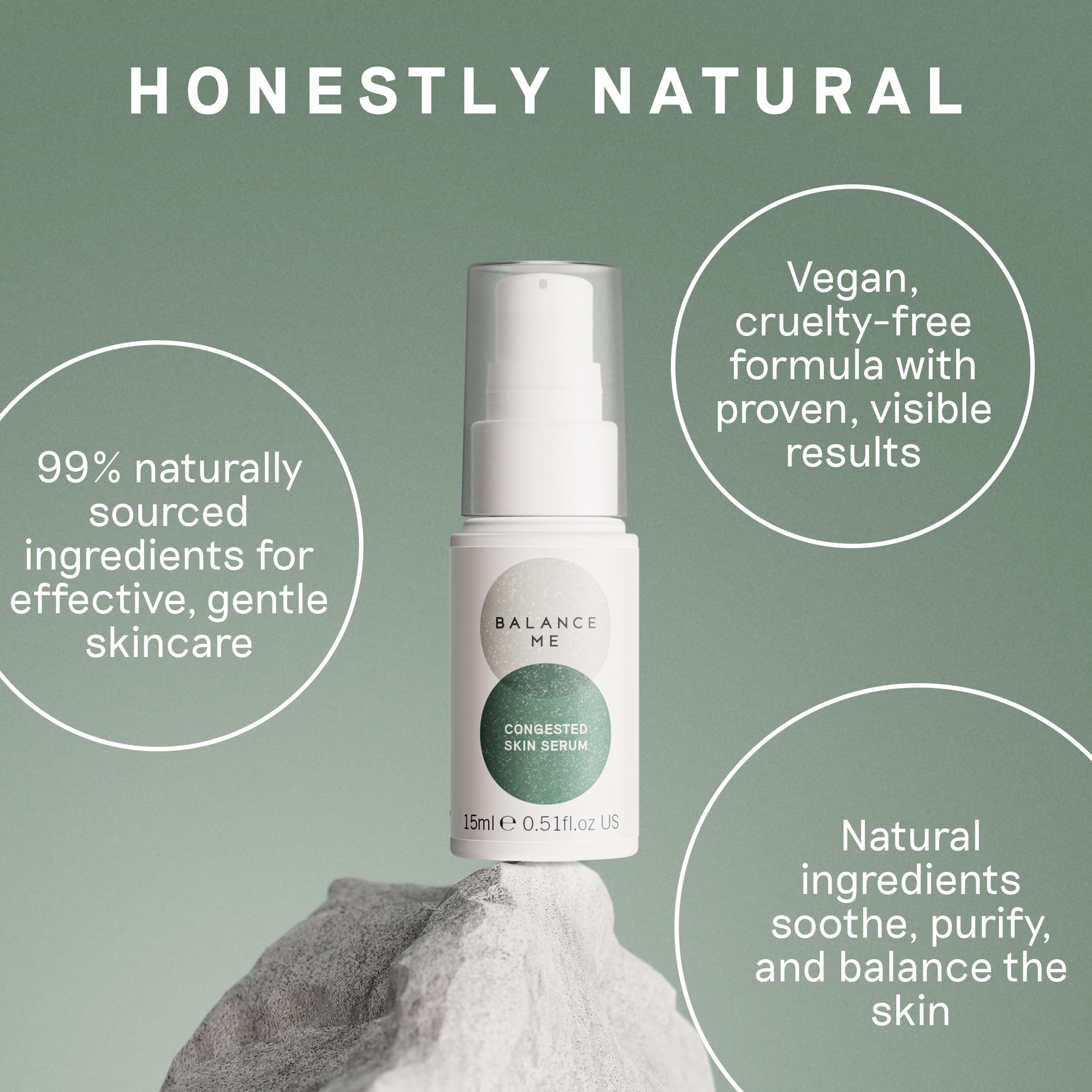 Balance Me Congested Skin Serum packaging emphasizes vegan, sustainable, cruelty-free skincare standards.
