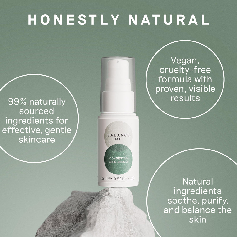 Balance Me Congested Skin Serum packaging emphasizes vegan, sustainable, cruelty-free skincare standards.