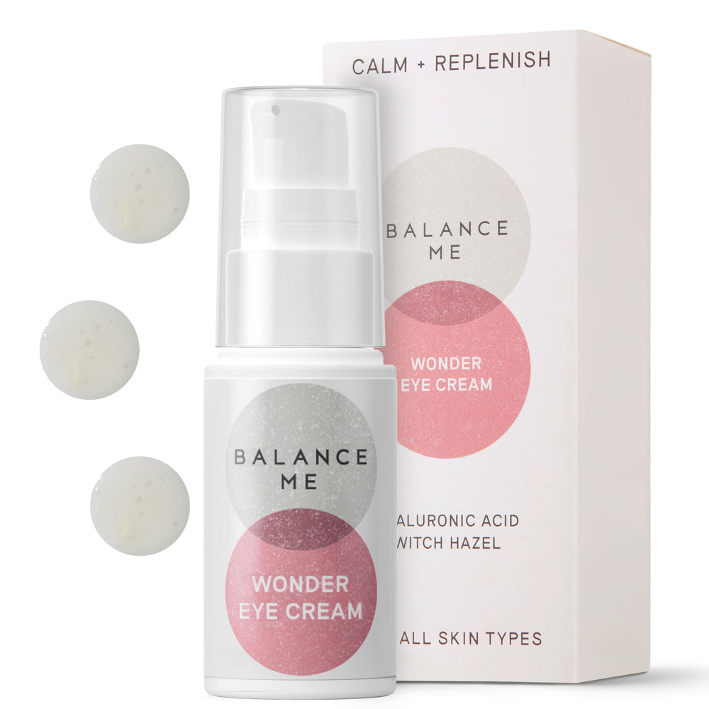 Balance Me Wonder Eye Cream jar closeup showing the creamy texture for gentle under-eye care.