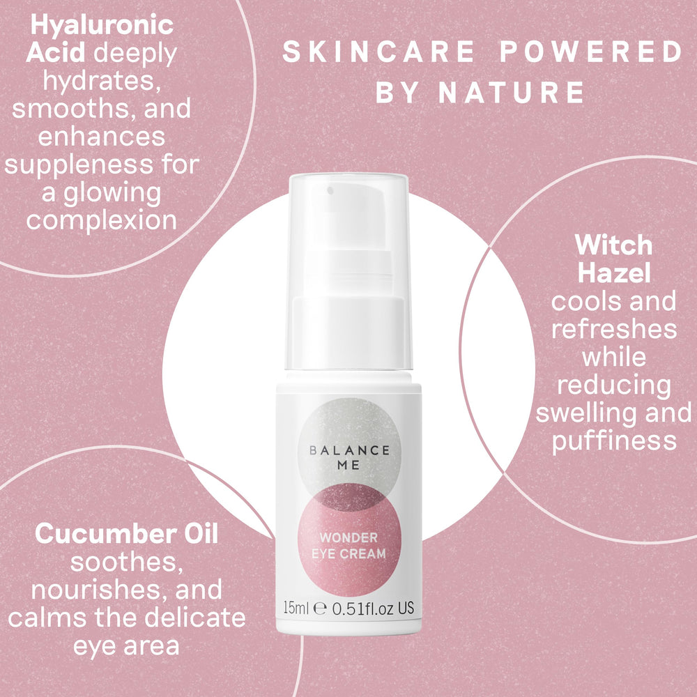Balance Me Wonder Eye Cream packaging on shelf communicates vegan cruelty-free values.