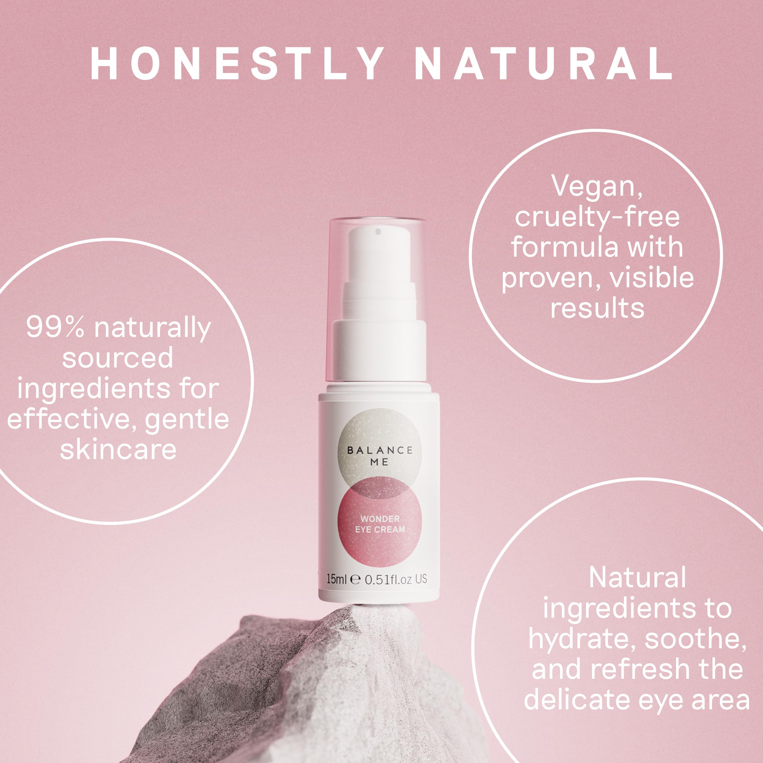 Balance Me Wonder Eye Cream on vanity setup highlights natural ingredients.