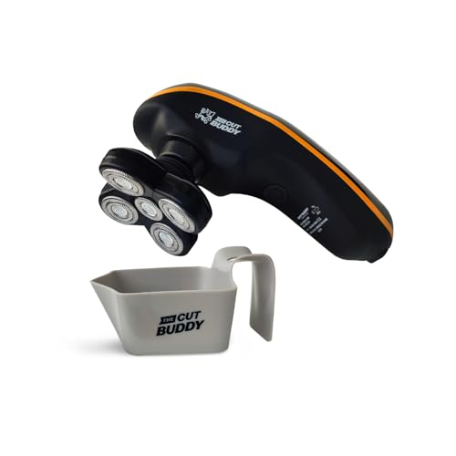 The Cut Buddy Bald Buddy head shaver shows ergonomic grip for comfortable shaving sessions.