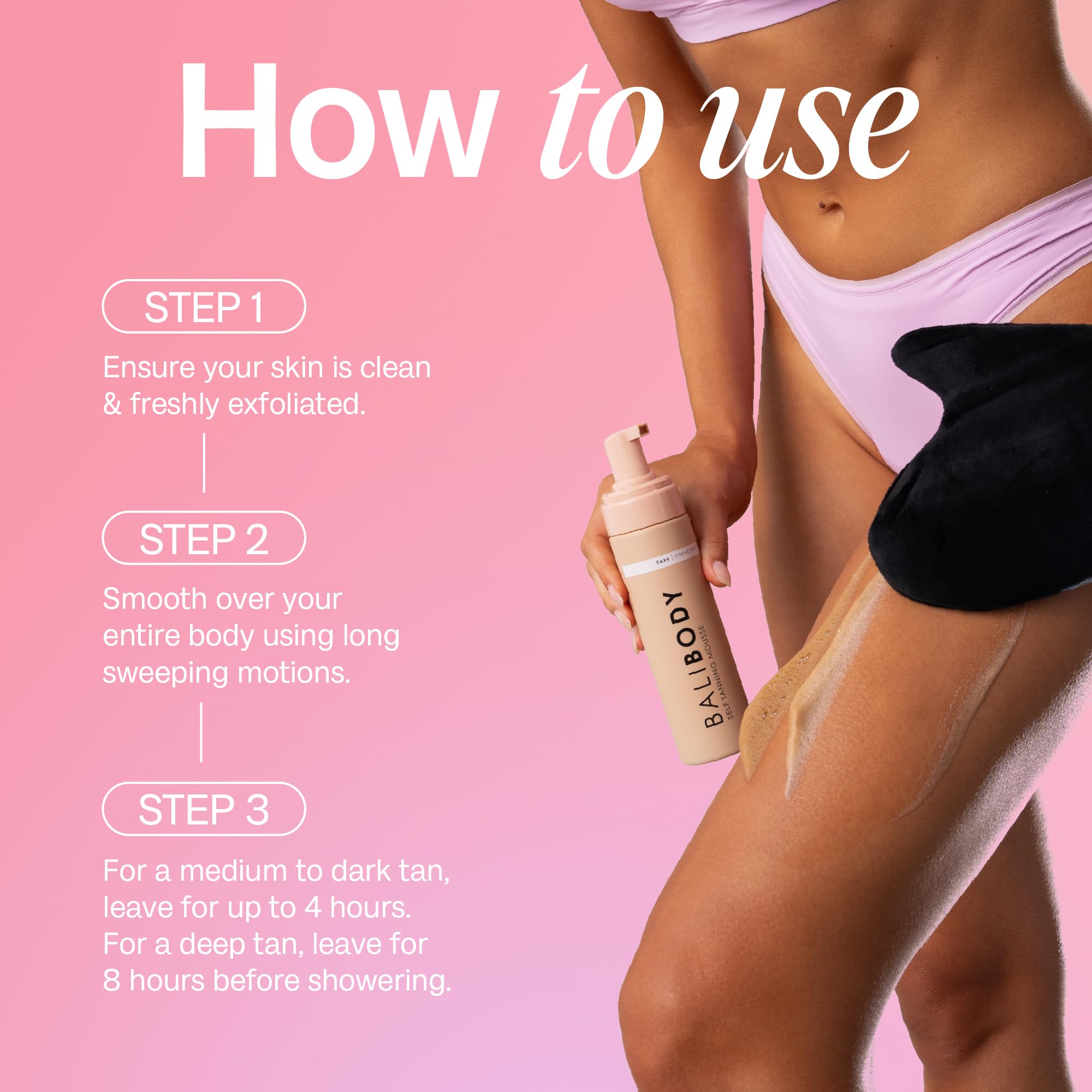Bali Body Self Tanner Mousse Dark after-tan glow shows lasting color.