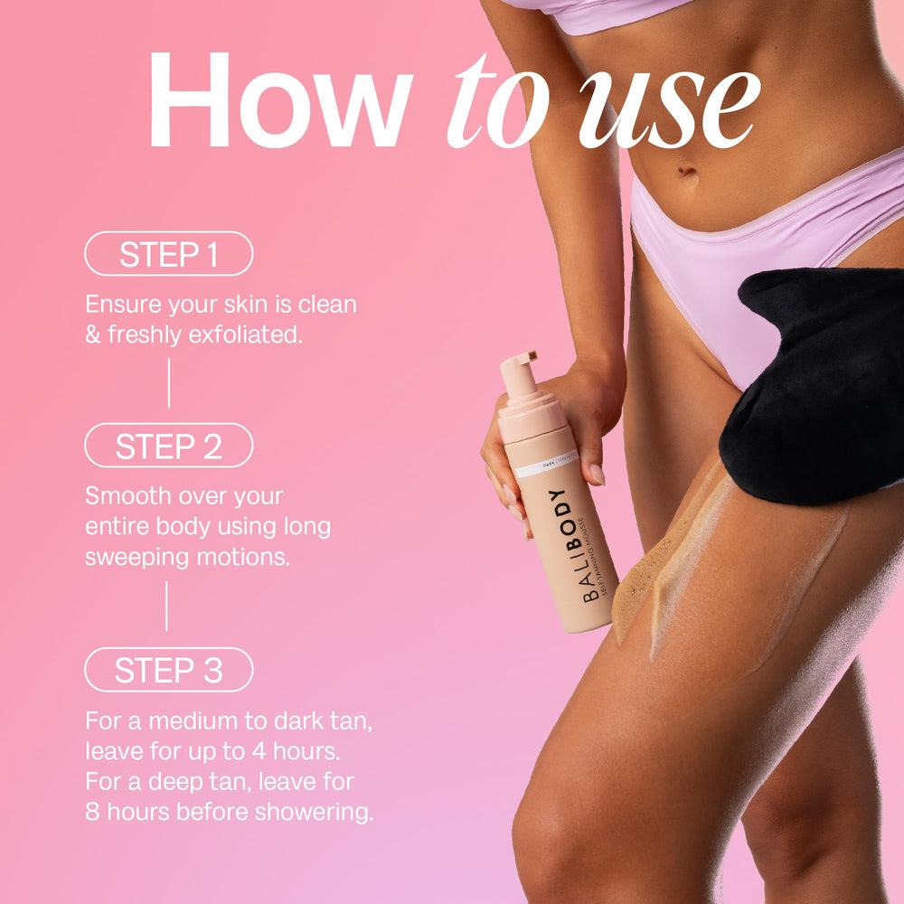Bali Body Self Tanner Mousse Dark after-tan glow shows lasting color.