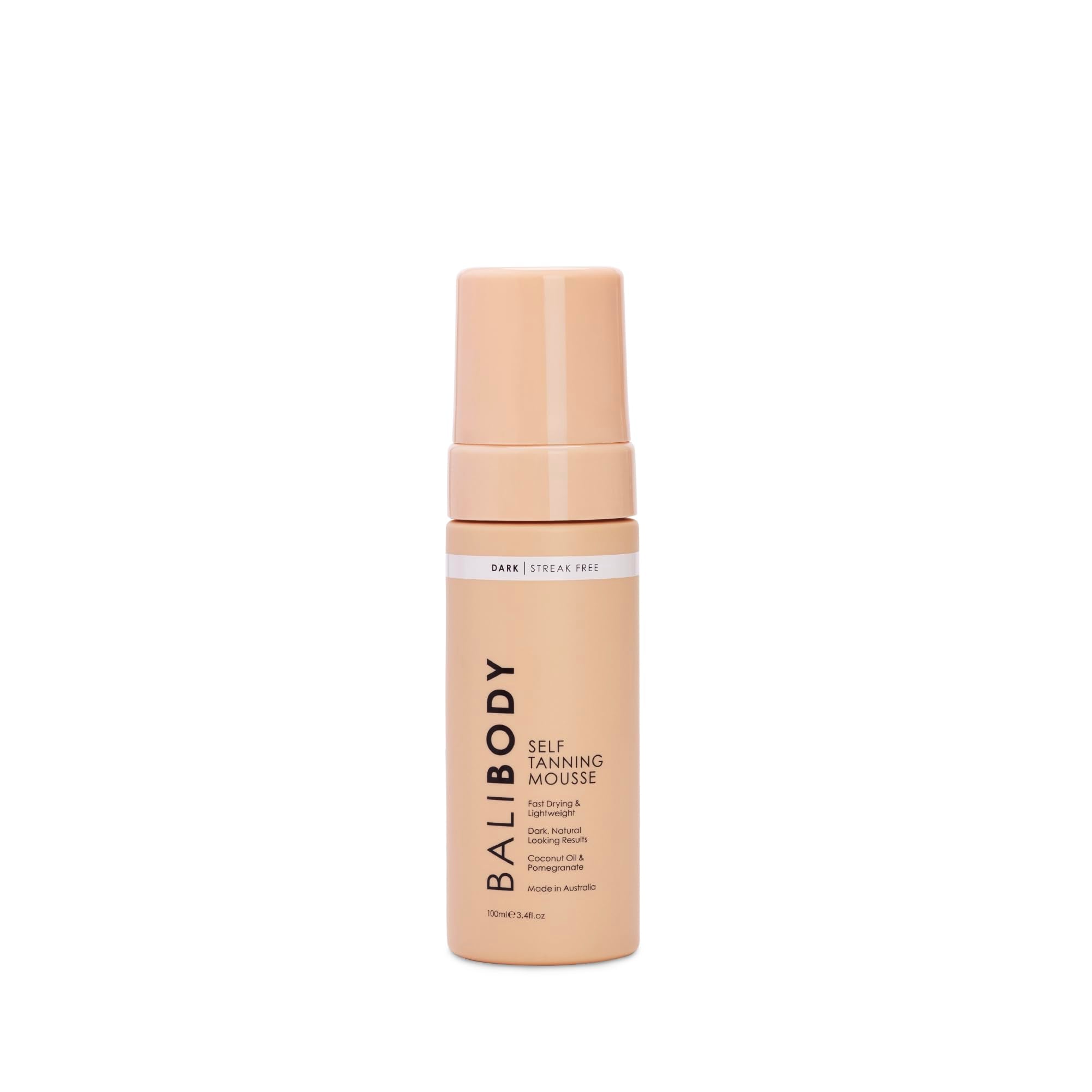 Bali Body Self Tanner Mousse Dark bottle shows compact packaging for easy at-home tanning.