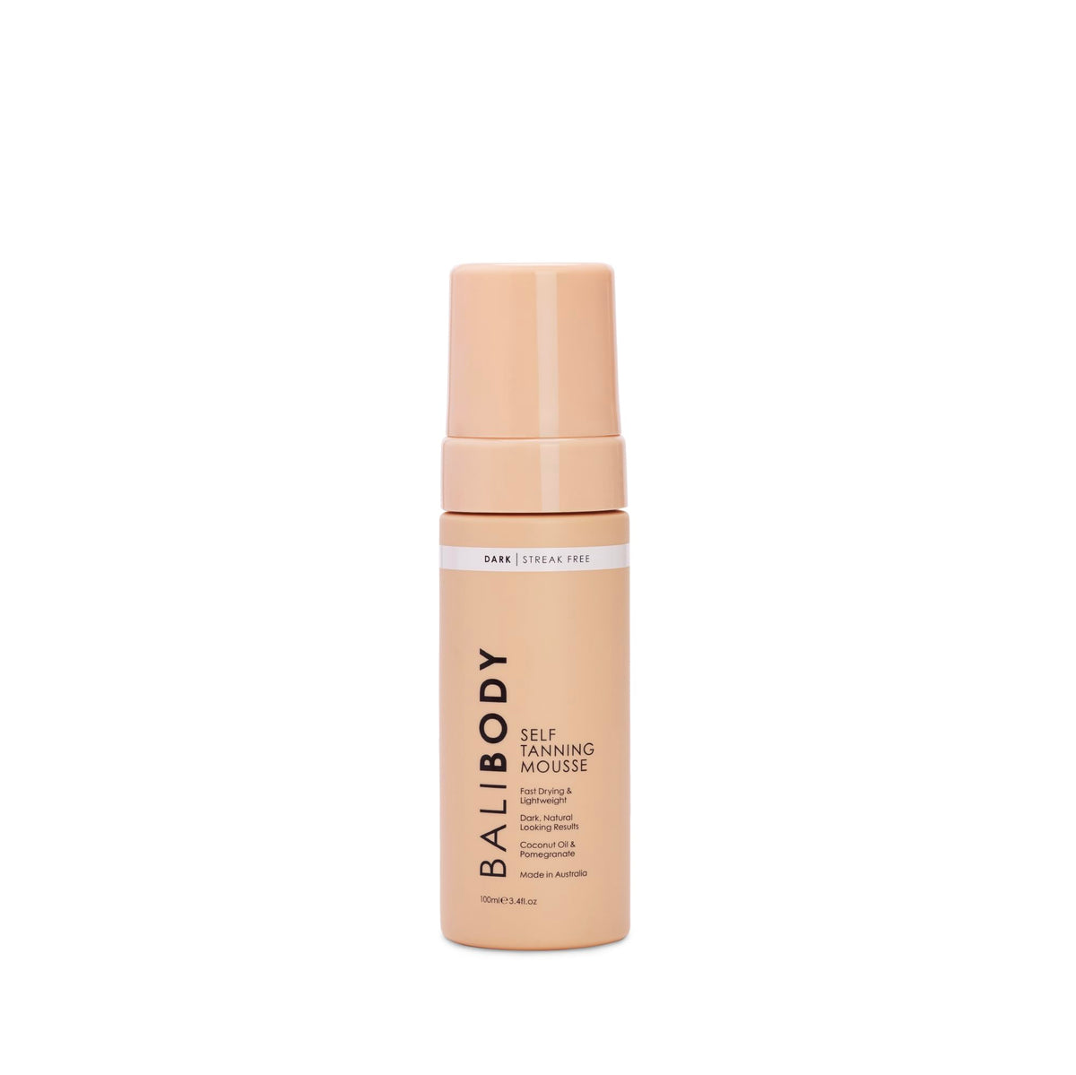 Bali Body Self Tanner Mousse Dark bottle shows compact packaging for easy at-home tanning.
