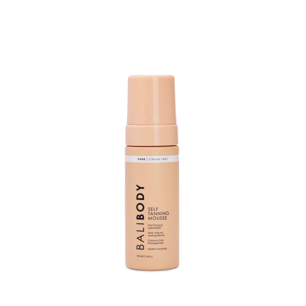 Bali Body Self Tanner Mousse Dark bottle shows compact packaging for easy at-home tanning.