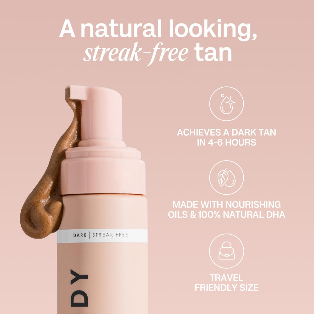 Bali Body Self Tanner Mousse Dark packaging highlights vegan, cruelty-free credentials.