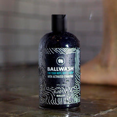 Ballsy Ballwash charcoal lather-application showing rich foam for full-body cleanse.