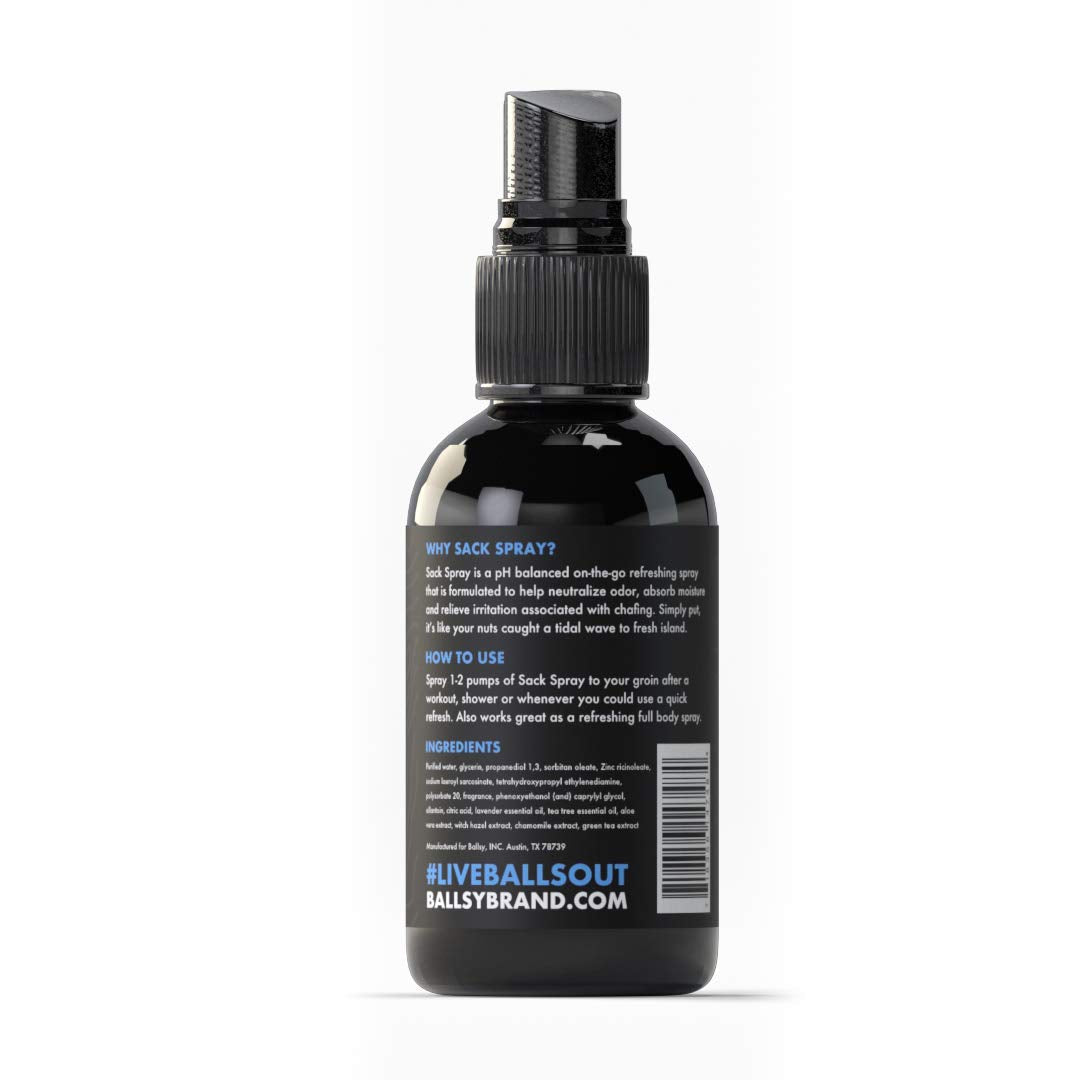 Ballsy Body & Groin Spray showcases soothing ingredients like aloe and tea tree for skin comfort.