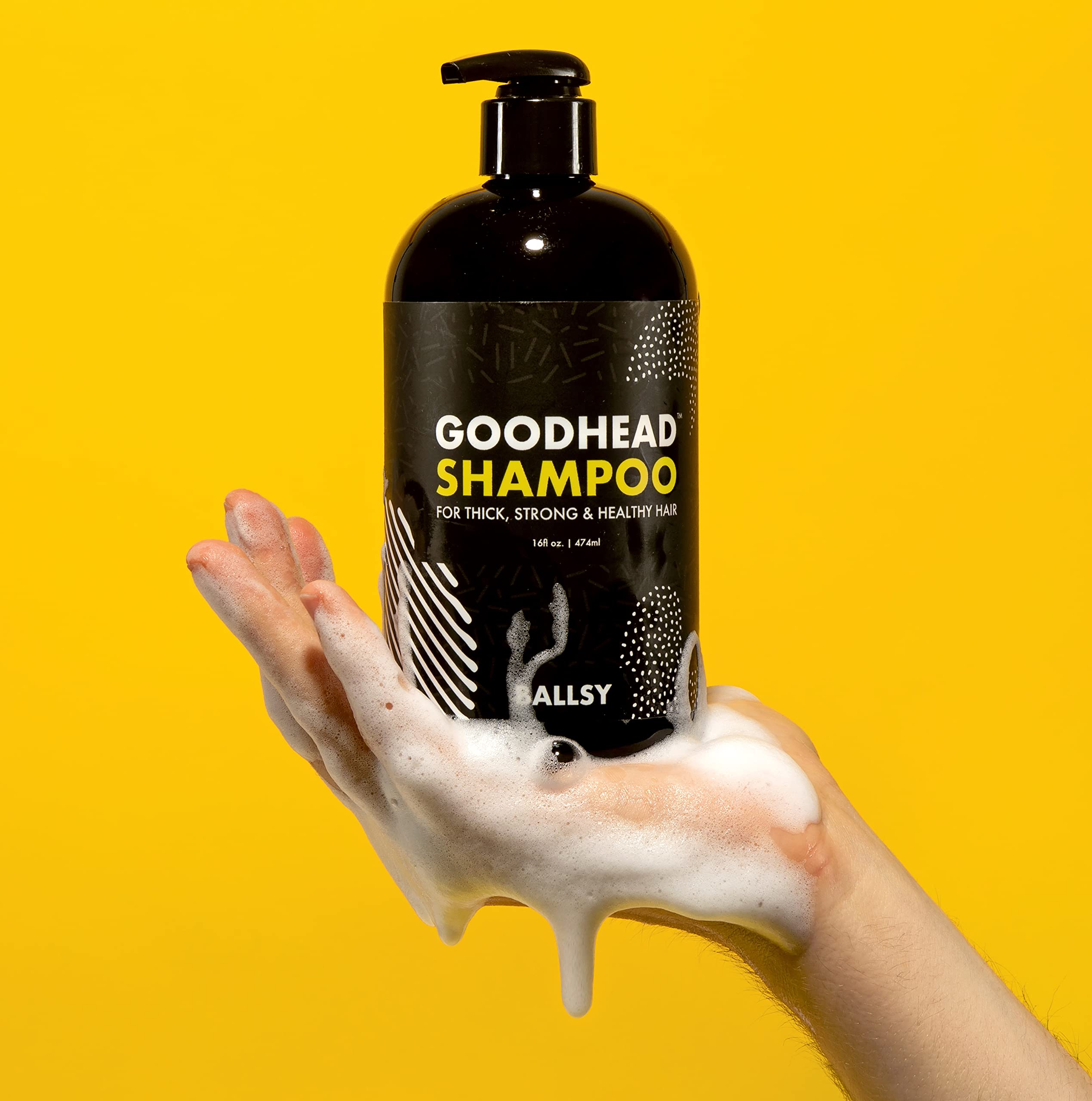 Ballsy Goodhead Shampoo tea tree close-up emphasizing invigorating scent and cleansing power.