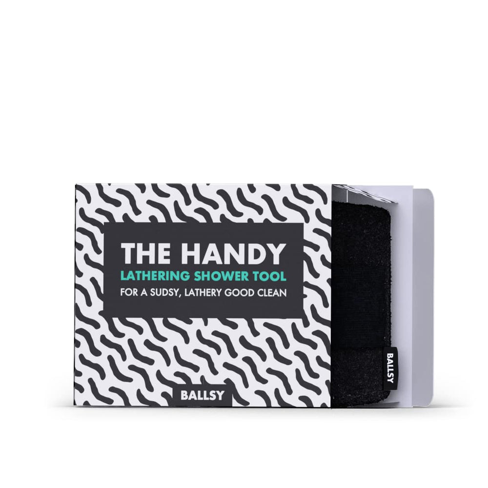 Ballsy Handy Shower Tool soft-scrub pad delivers gentle exfoliation.