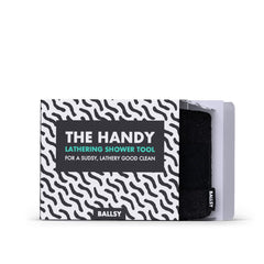 Ballsy Handy Shower Tool soft-scrub pad delivers gentle exfoliation.