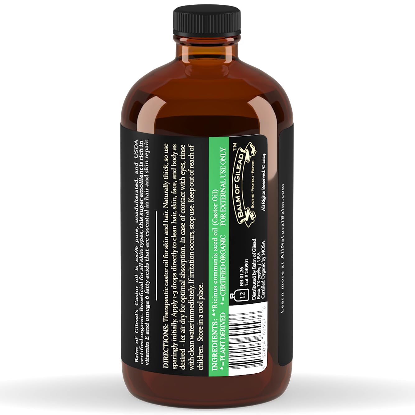 BALM OF GILEAD castor oil close-up shows glass clarity and premium packaging