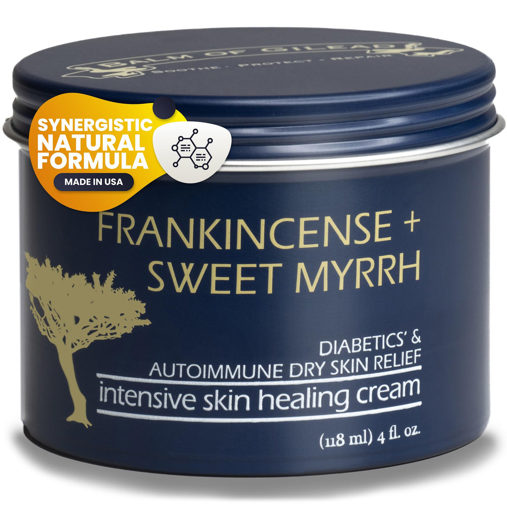 BALM OF GILEAD foot healing cream jar closeup showcasing rich moisture for sensitive skin.