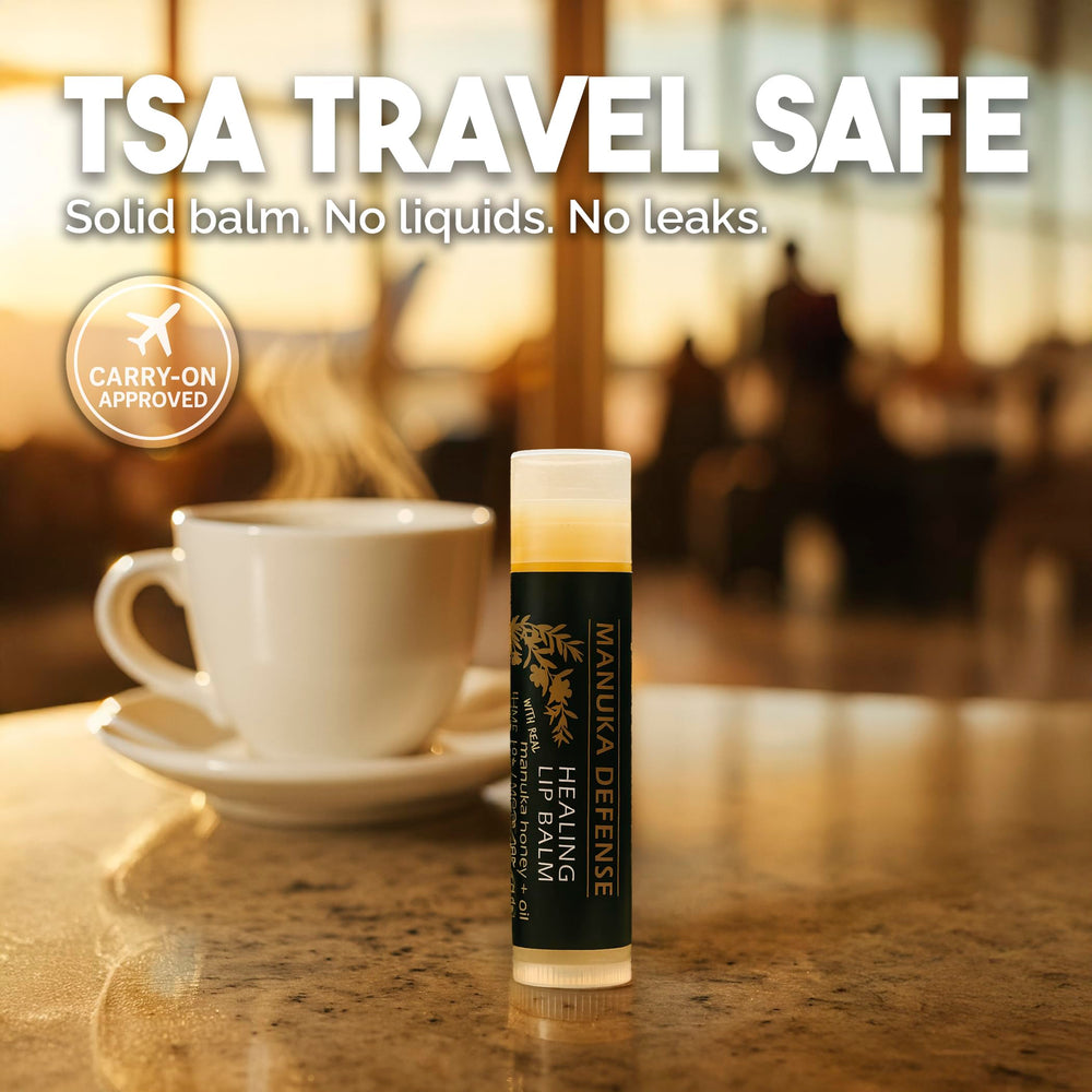 BALM OF GILEAD Manuka Defense Balm embossed label signals premium lip care