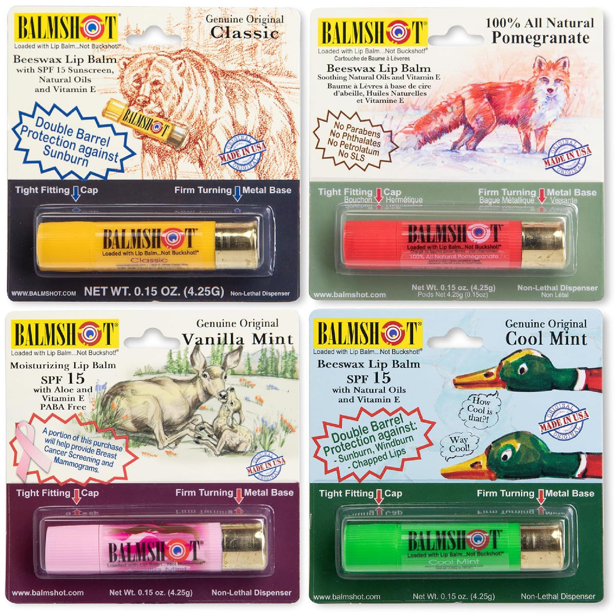 Balmshot lip balm four-pack packaging for convenient, all-day moisture.