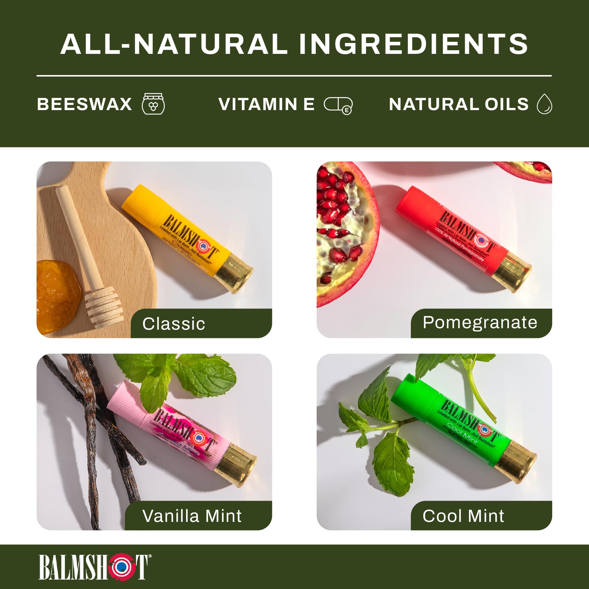 Balmshot lip balm shotgun-shell tube emphasizes rugged design and portability.