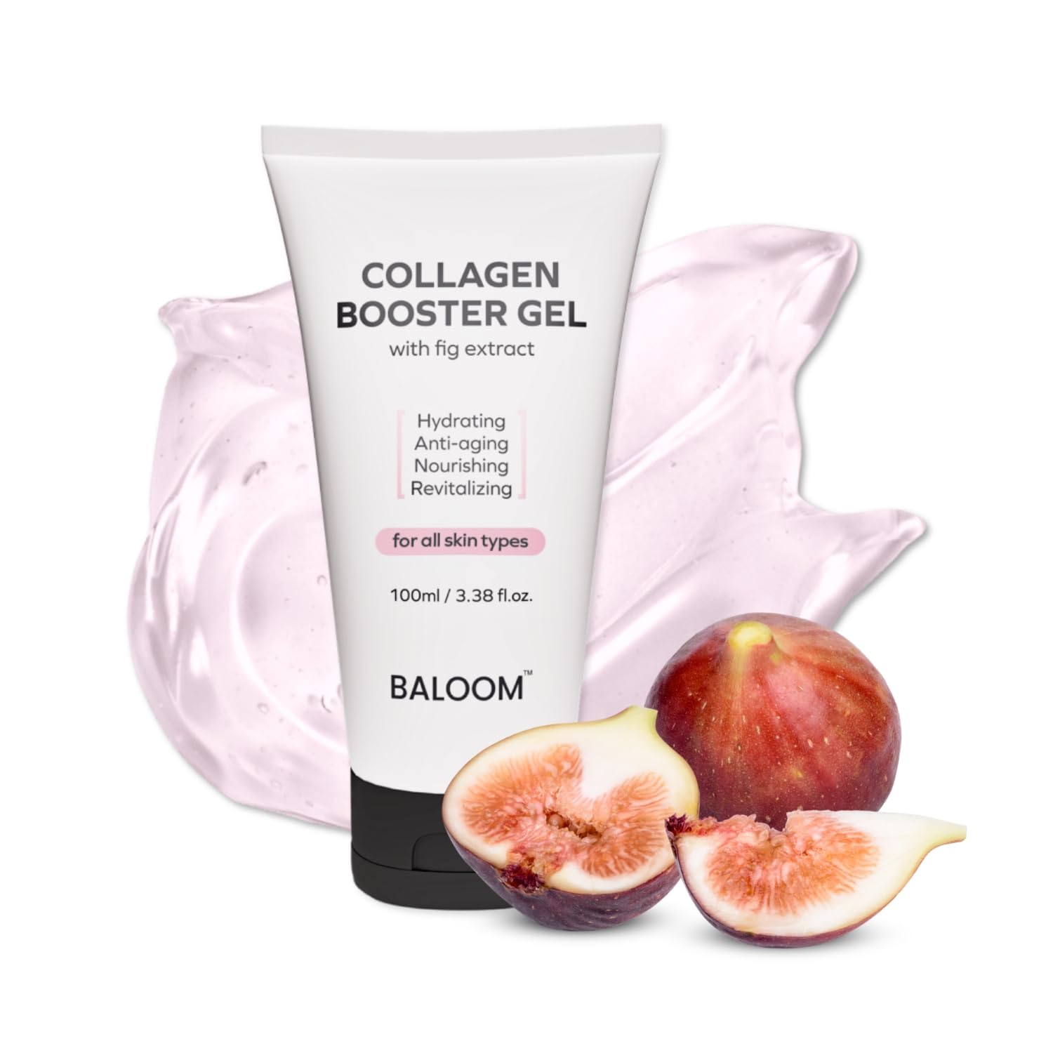 BALOOM Collagen Booster Gel Serum bottle closeup hydrates skin for radiant glow