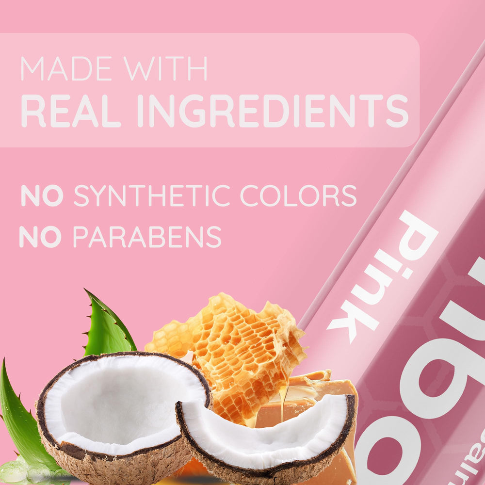 Bambalo pink lip balm 4-pack on vanity display emphasizing gift-ready packaging.