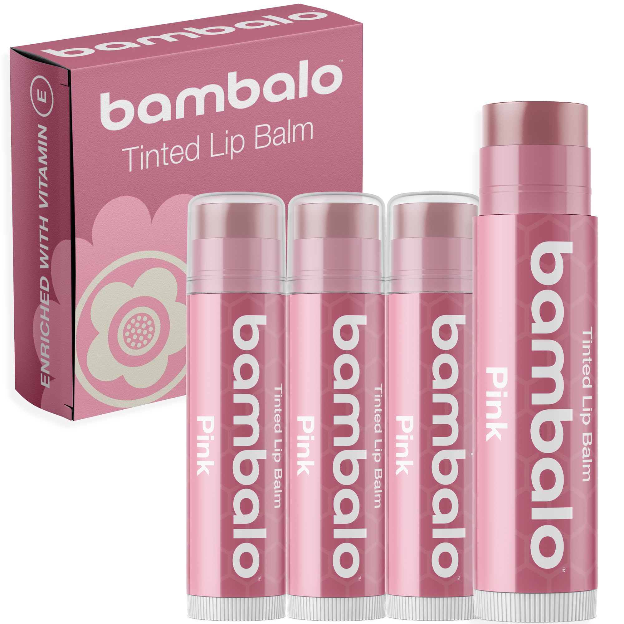 Bambalo tinted lip balm pink 4-pack packaging highlighting natural hydration for everyday wear.