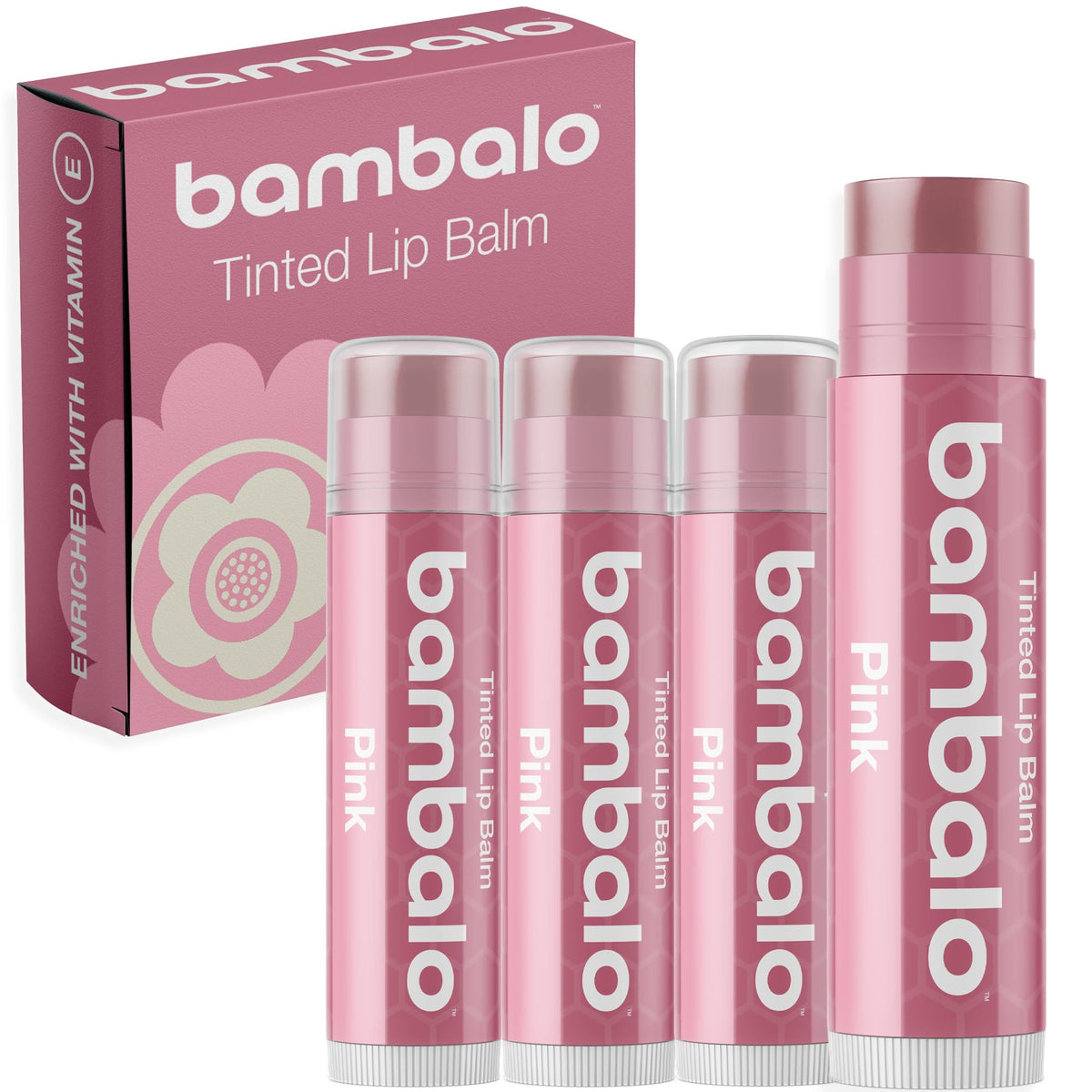 Bambalo tinted lip balm pink 4-pack packaging highlighting natural hydration for everyday wear.