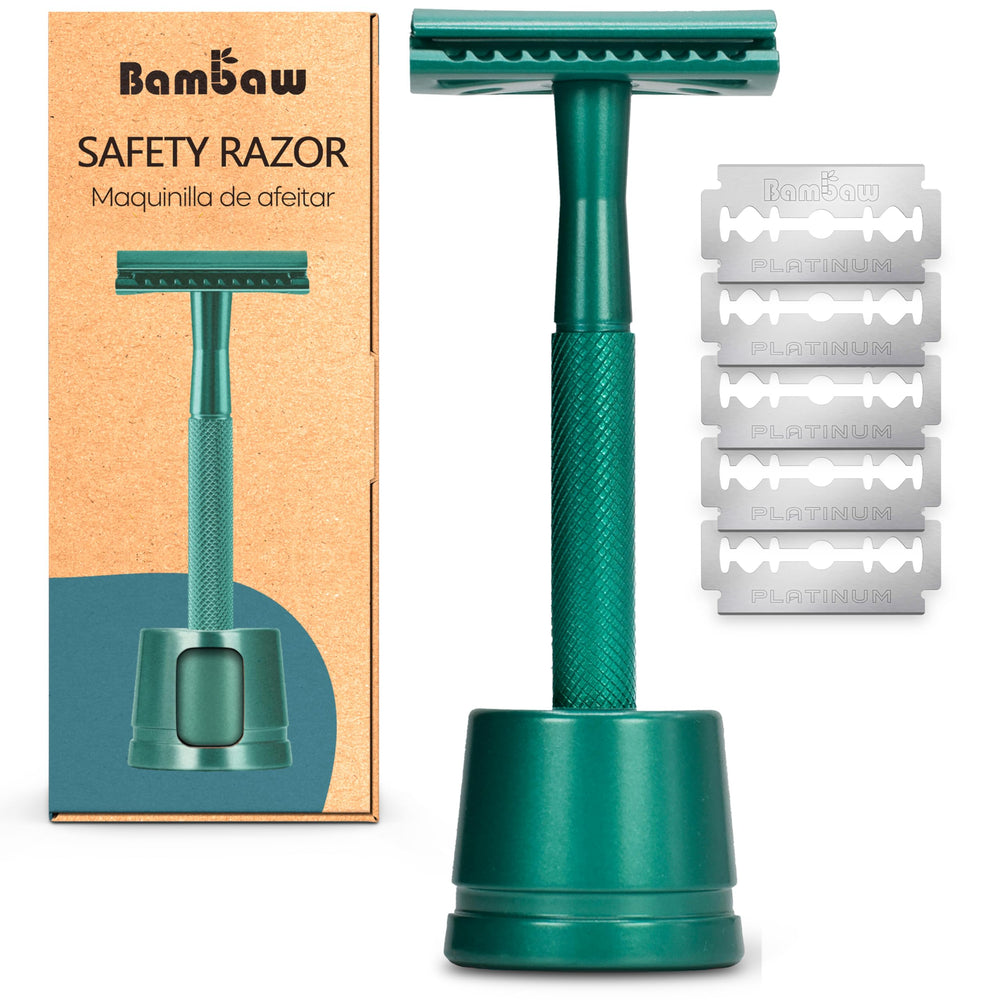 Bambaw double-edge close-comb razor with sea green stand for eco friendly grooming