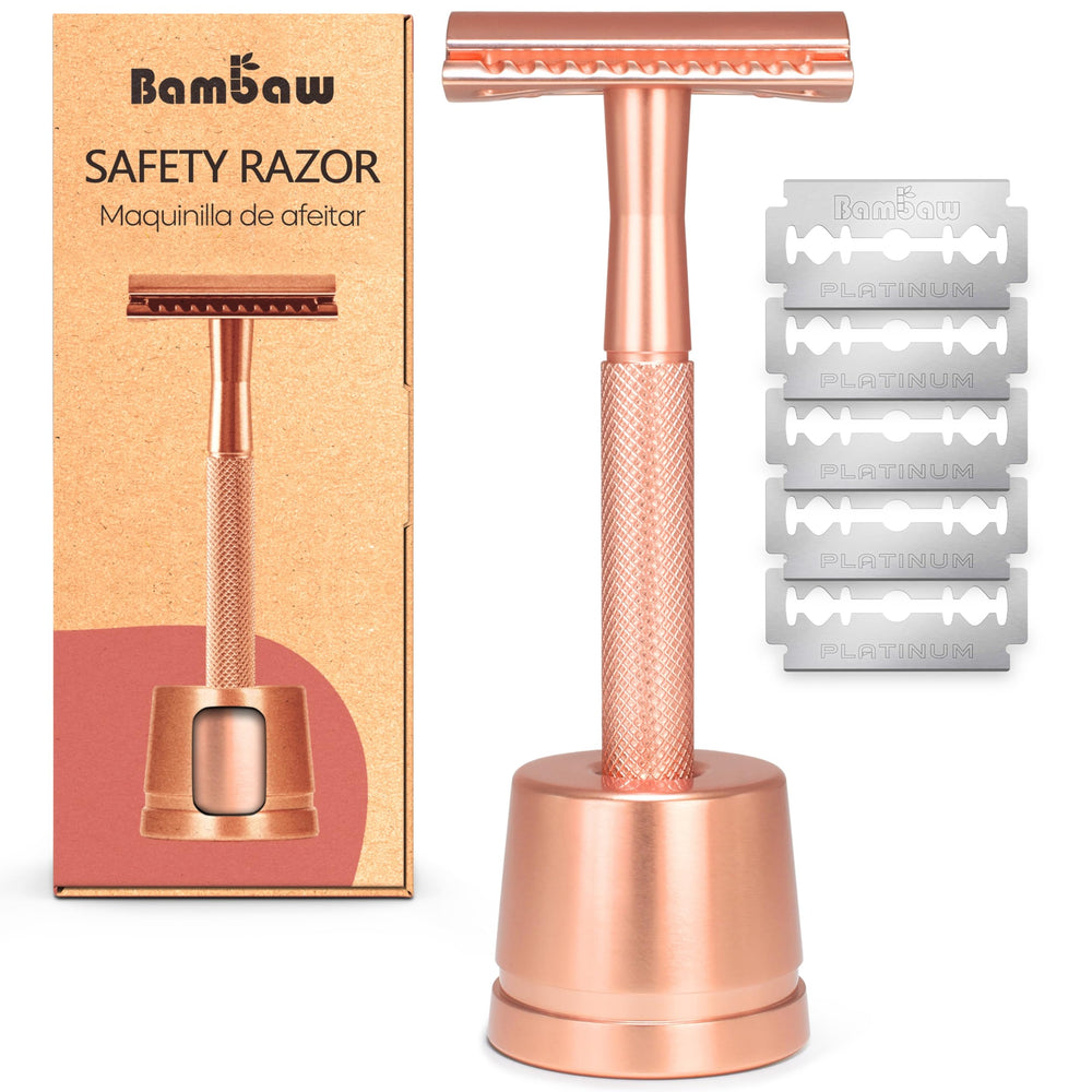 Bambaw double-edge safety razor in rose gold for a close, skin-friendly shave.