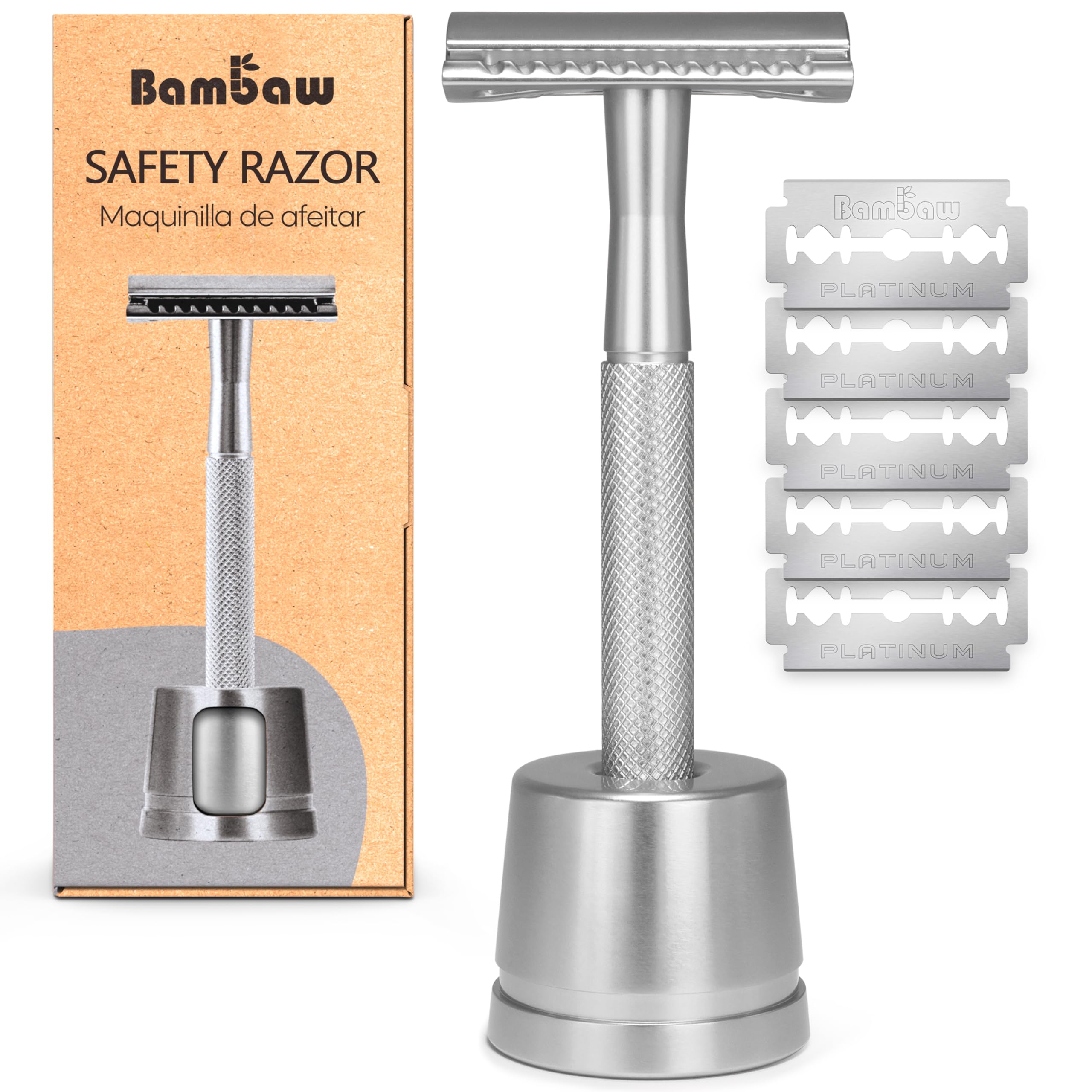 Bambaw double-edge safety razor stand showcasing a sleek metal design for organized grooming.