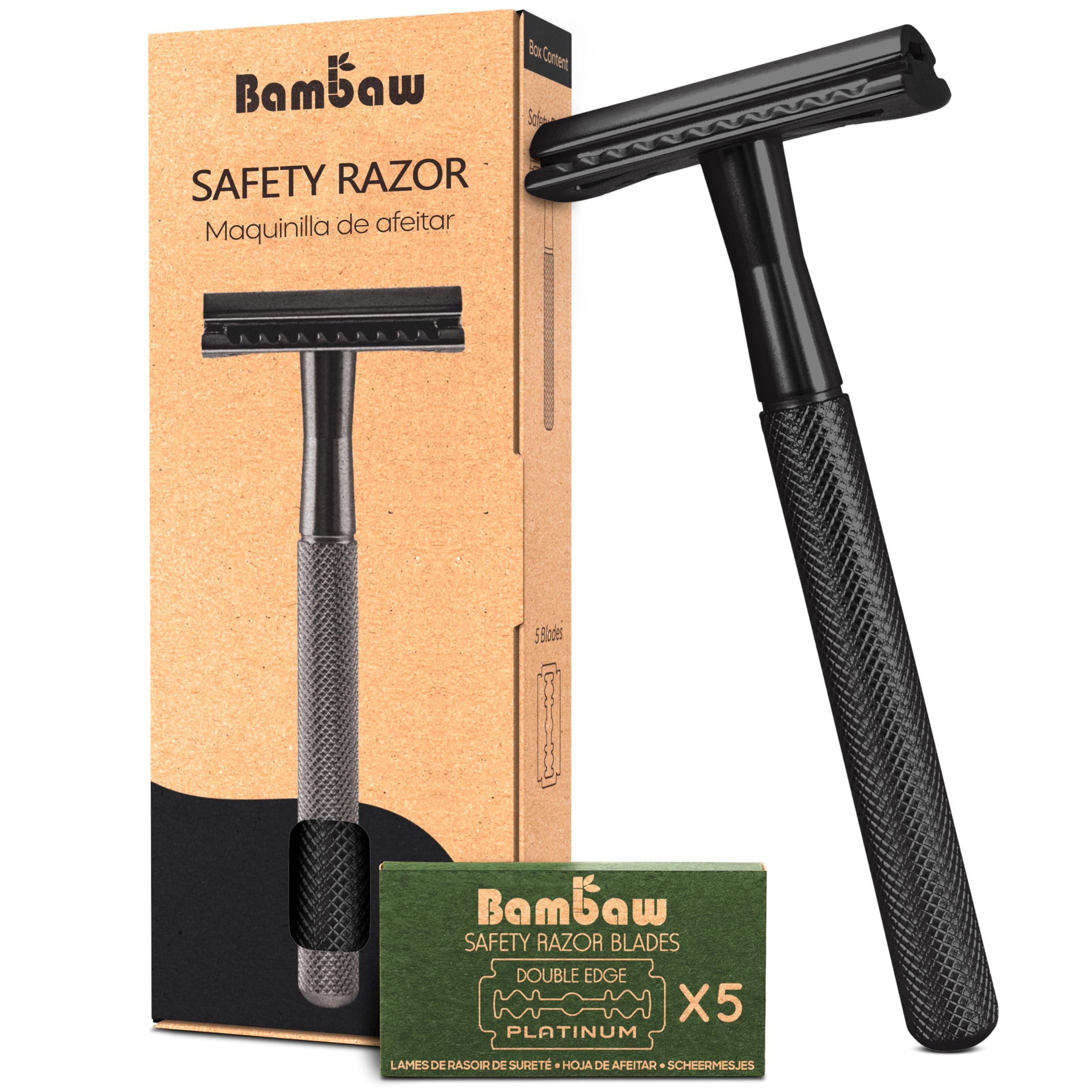 Bambaw safety razor black handle close-up showing durable metal construction for a precise shave.