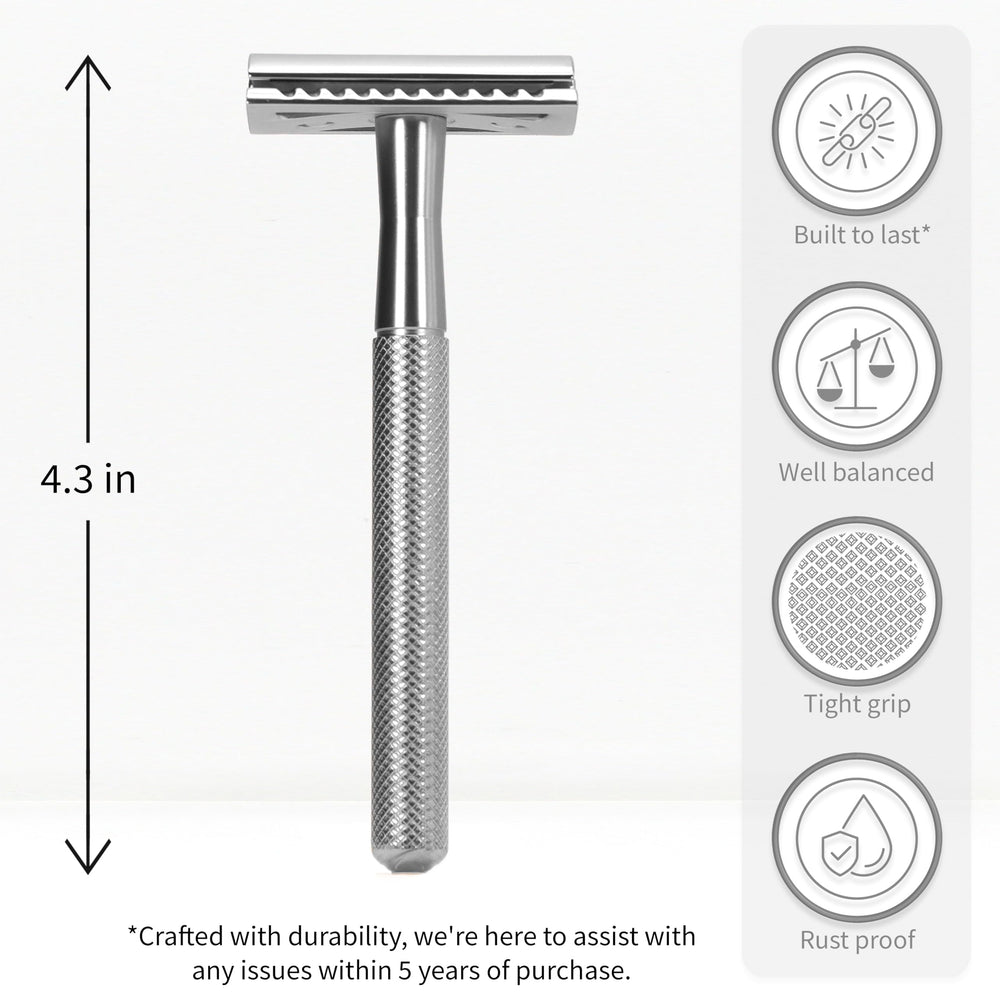 Close-up of Bambaw safety razor handle showing durable metal design.