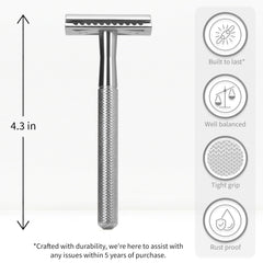 Close-up of Bambaw safety razor handle showing durable metal design.
