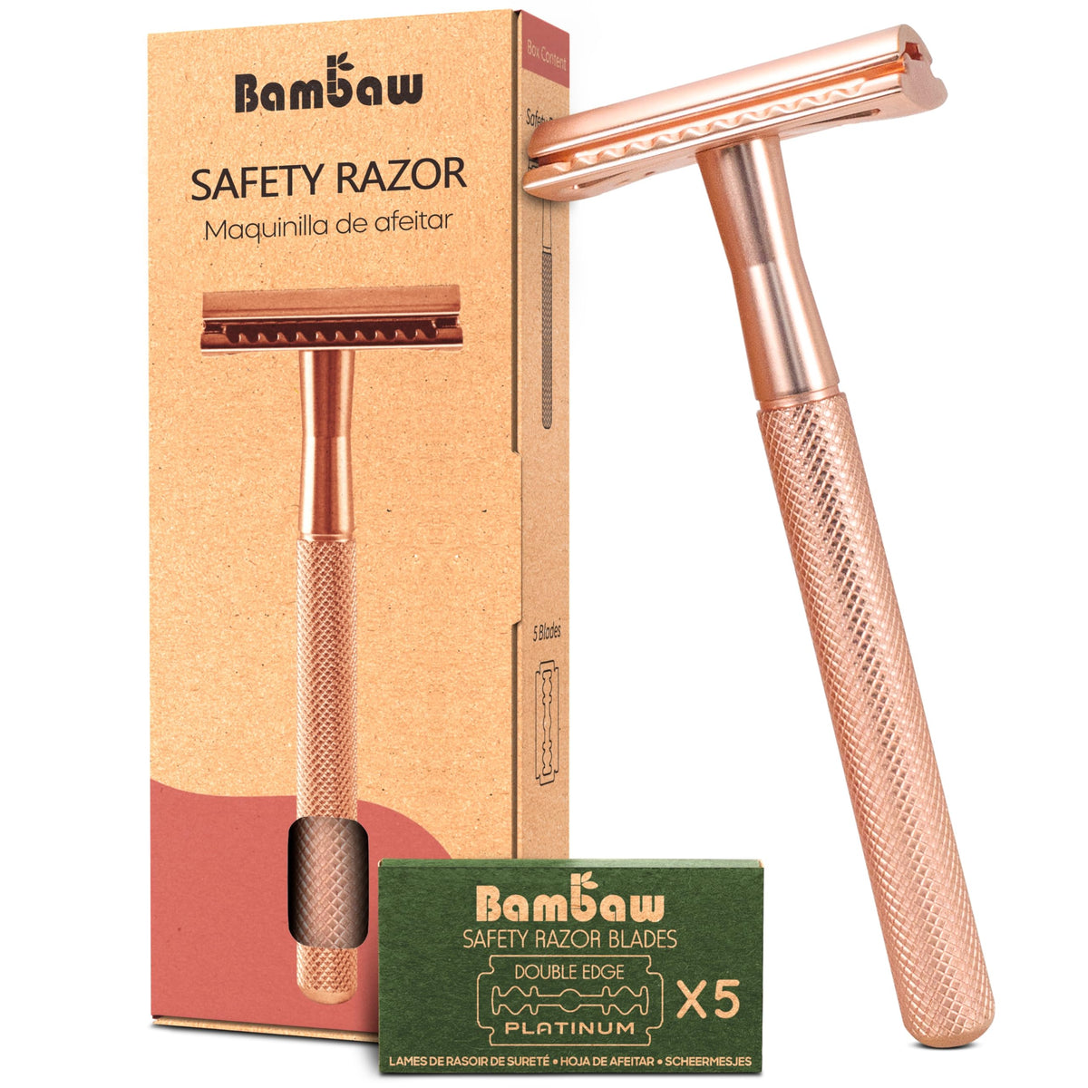 Bambaw safety razor in rose gold close-up shows premium finish for a smooth, comfortable shave