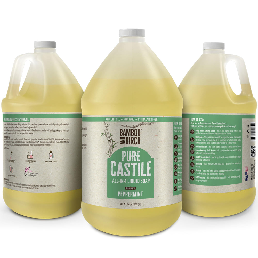 BAMBOO AND BIRCH peppermint castile soap for body, face, and hair care.