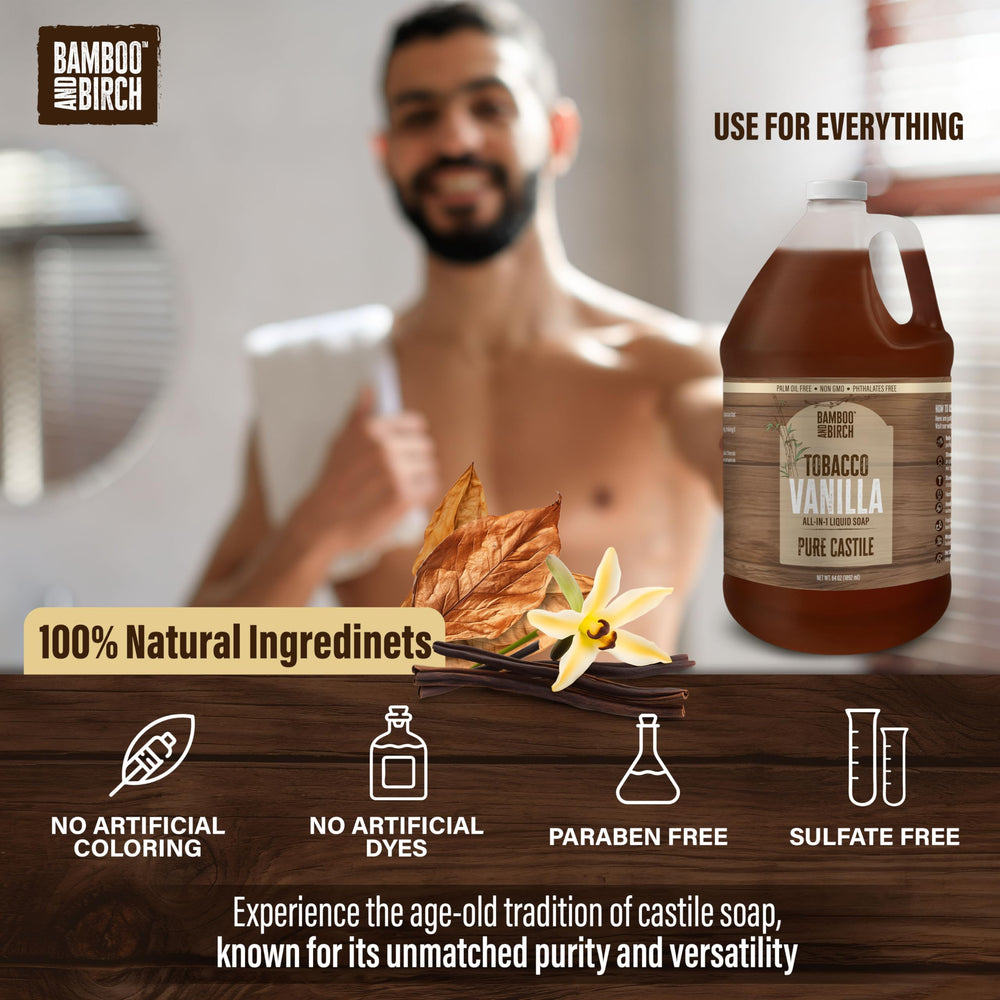 Bamboo and Birch castile soap liquid bottle with pump for easy, gentle hand washing