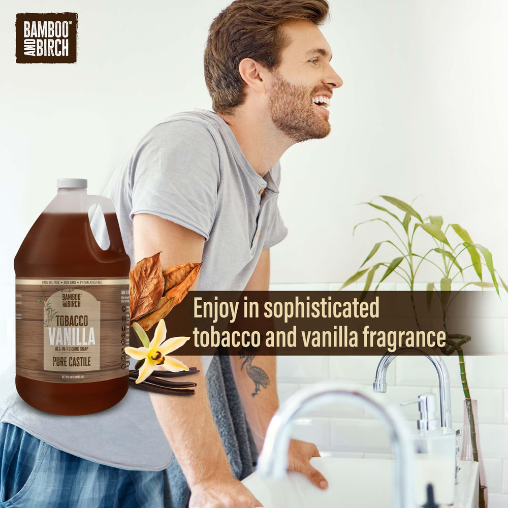 Bamboo and Birch castile soap liquid applied to skin for gentle facial cleansing