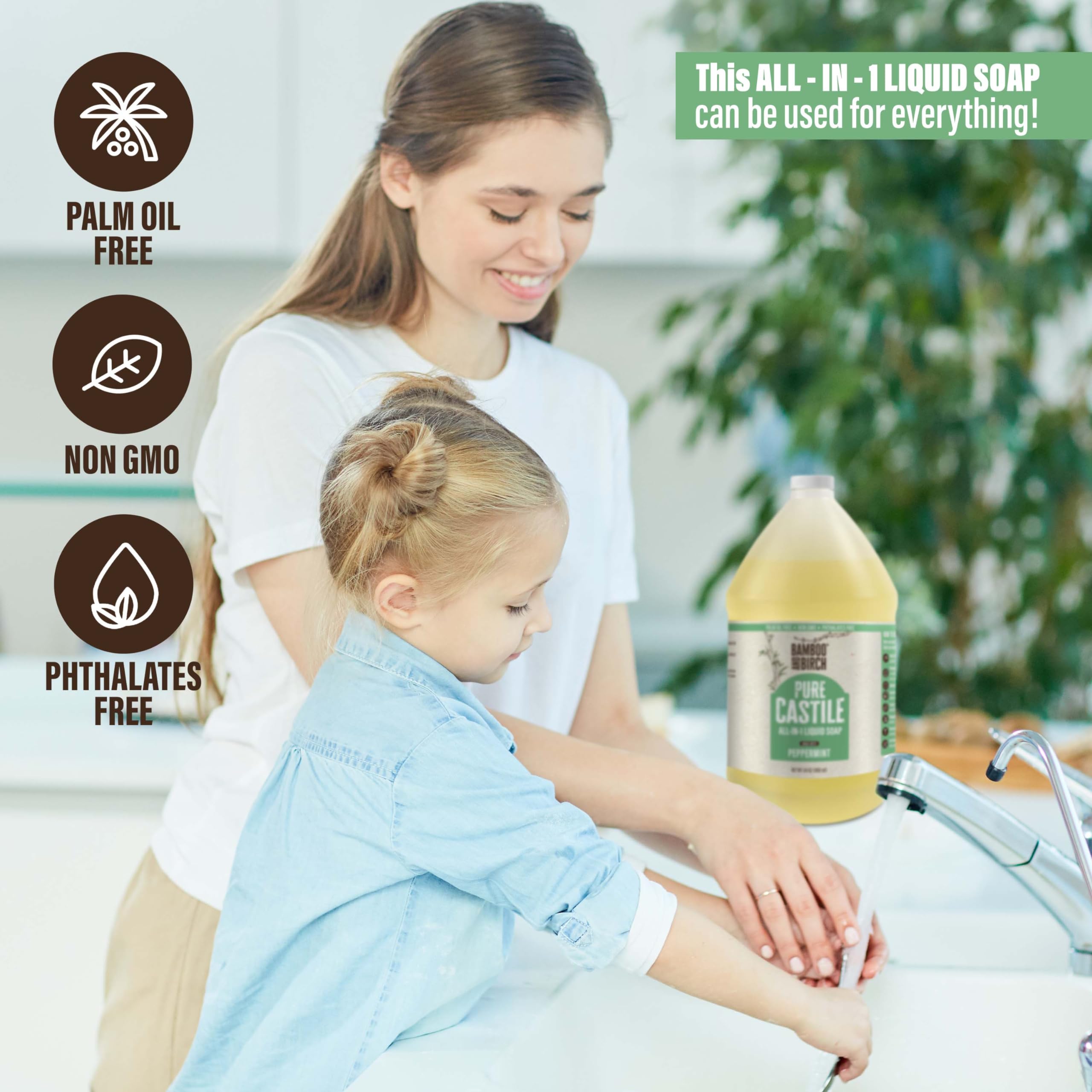 BAMBOO AND BIRCH castile soap liquid pour peppermint demonstrates multi-use convenience for everyday cleaning.
