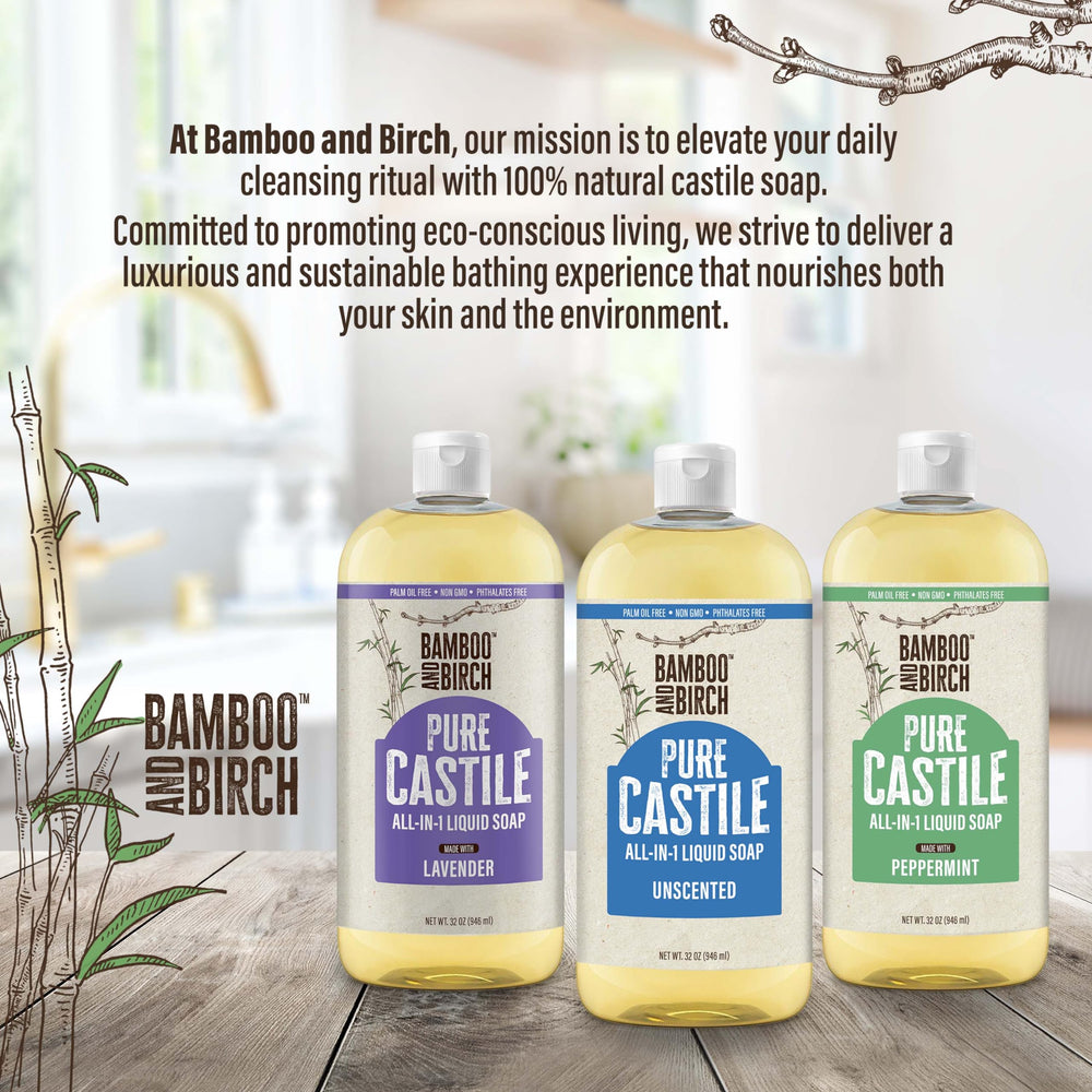 Bamboo and Birch multi-use castile soap supports body, hair, dishes, and light home cleaning.